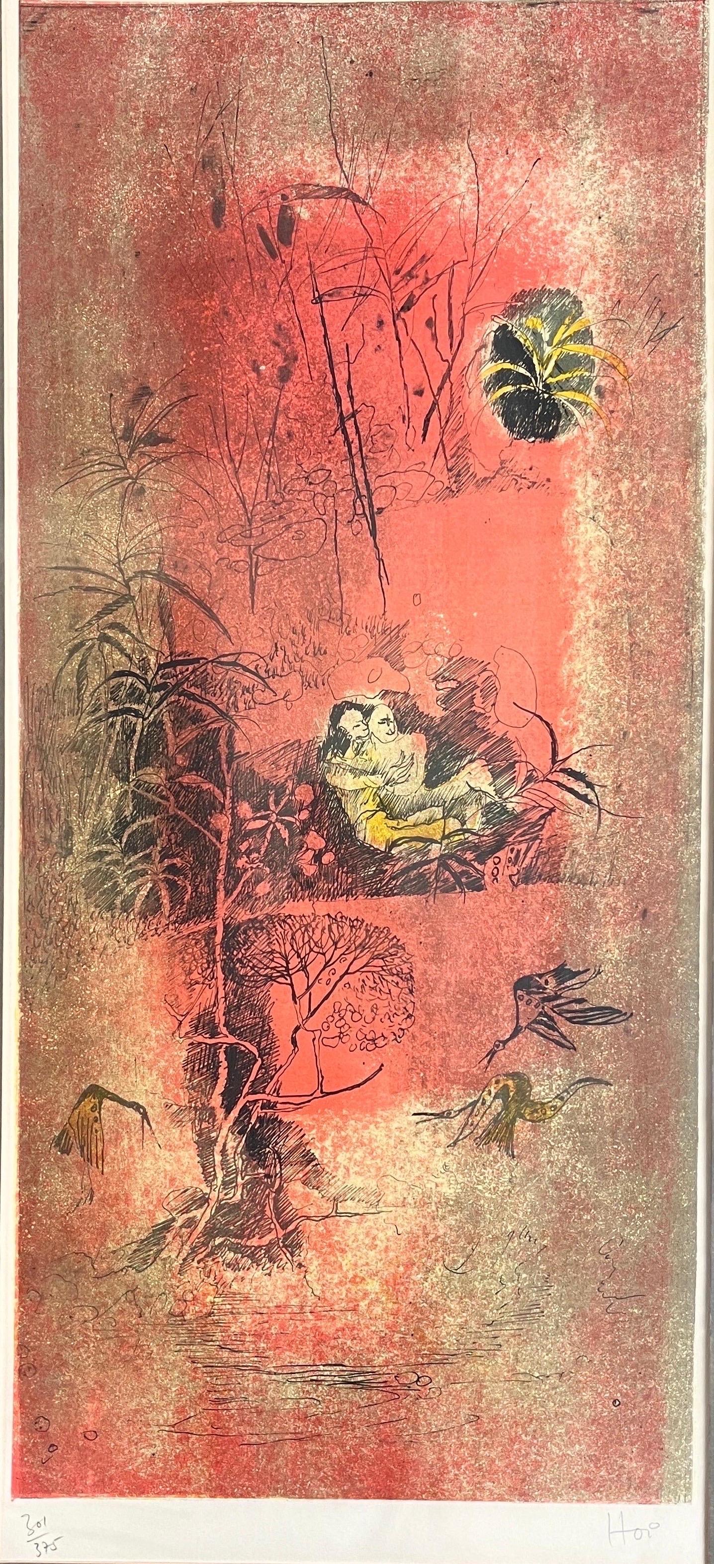 Modern lithograph by Hoi Lebadang featuring a lovers embrace and herding bird details. Beautiful red hues. 

 Limited edition (301/375) with a collectors edition certificate of authenticity, verso. Signed and number, in pencil. Framed and