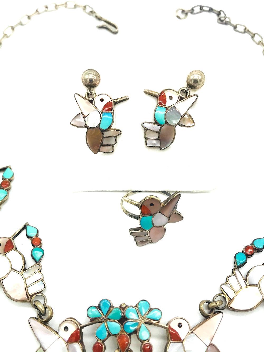 Mixed Cut Artist Hummingbirds, Earring Necklace Ring Set, Turquoise and Mother of Pearl