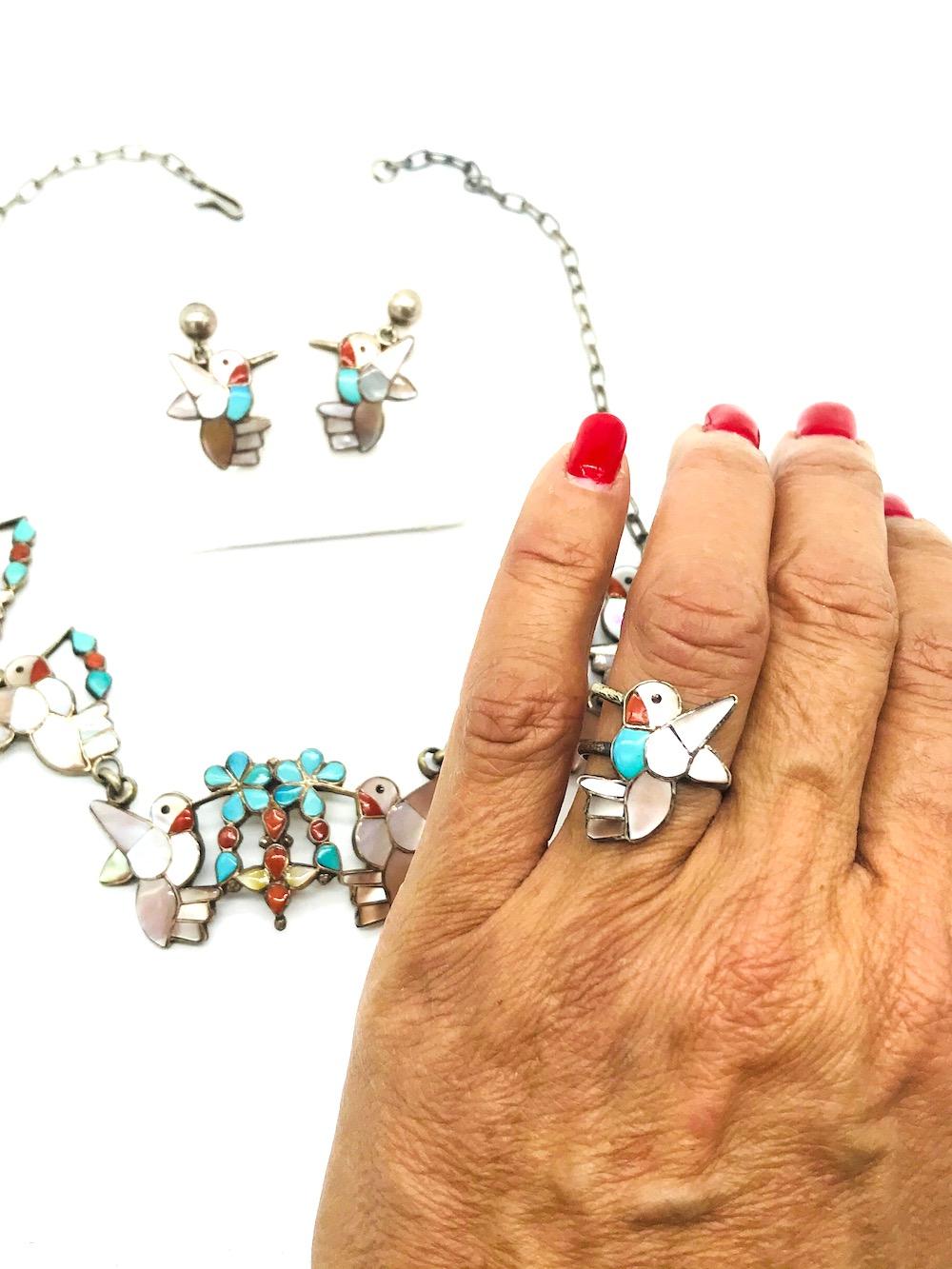 Women's or Men's Artist Hummingbirds, Earring Necklace Ring Set, Turquoise and Mother of Pearl