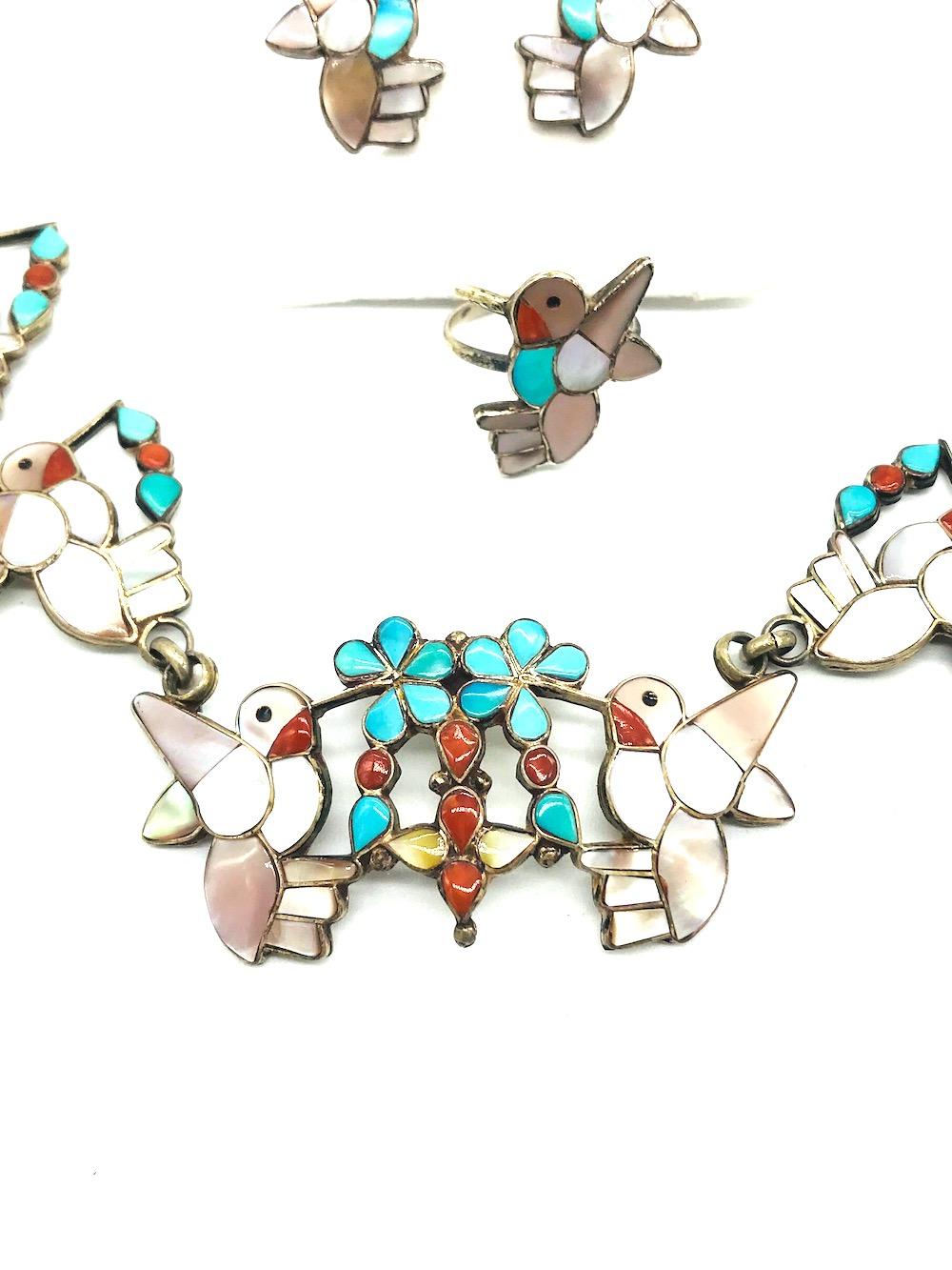 Artist Hummingbirds, Earring Necklace Ring Set, Turquoise and Mother of Pearl 1