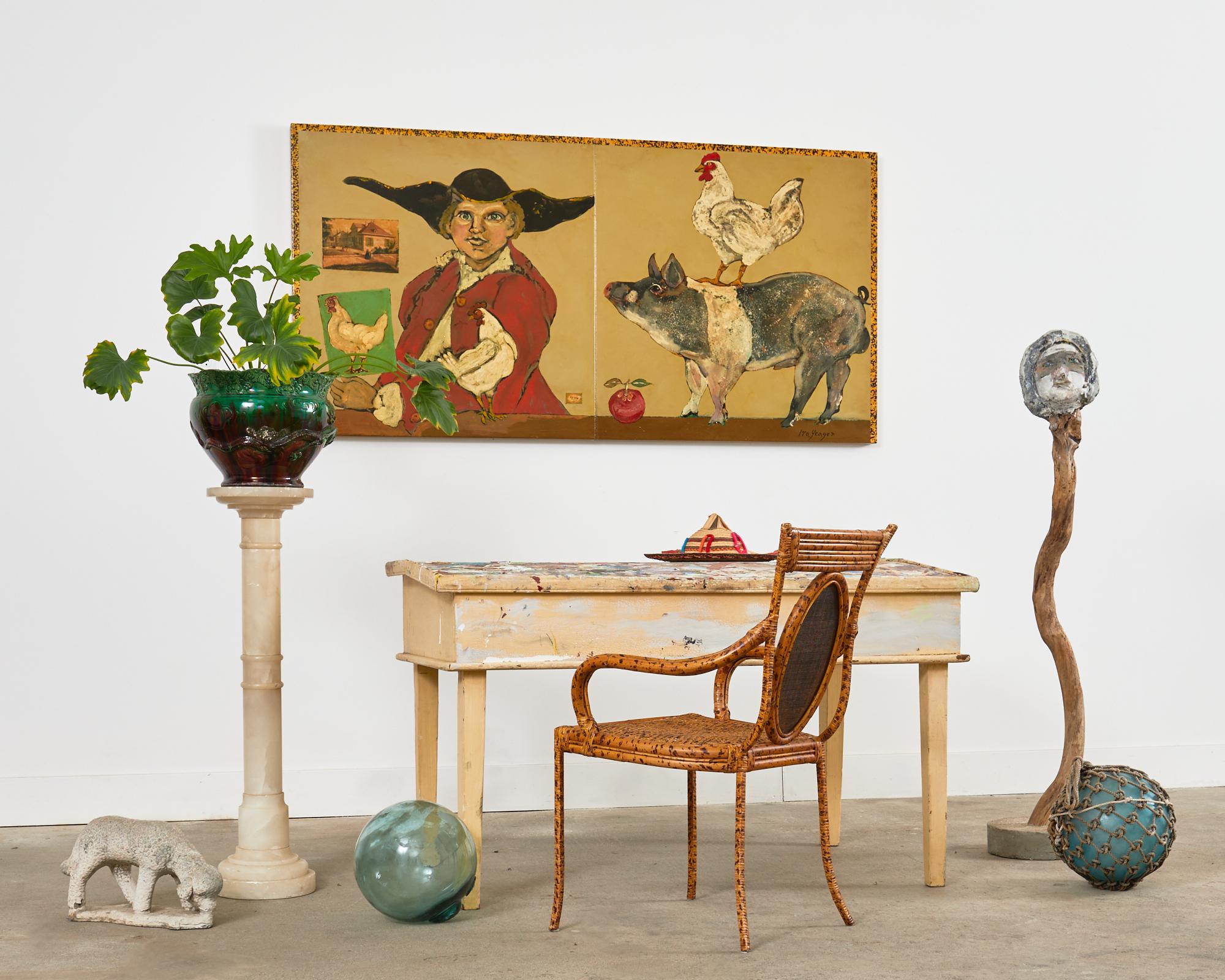 Rustikaler englischer Arbeitstisch des Künstlers Ira Yeager (Amerikaner 1938-2022). Dieser bemalte Tisch diente Ira als Palette in seiner idyllischen Scheune in Calistoga im Norden Kaliforniens. Der Tisch hat eine große, aufklappbare Platte, die