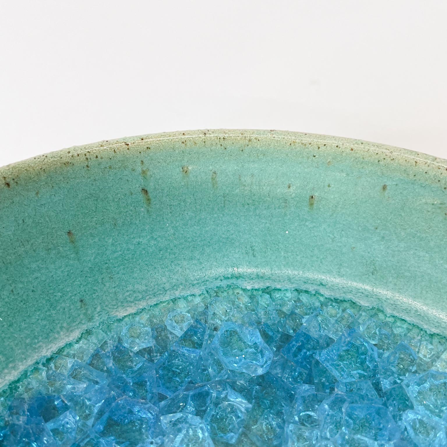 American Artist Jade Snow Wong Ceramic Glass Pottery Dish Art in Turquoise San Francisco