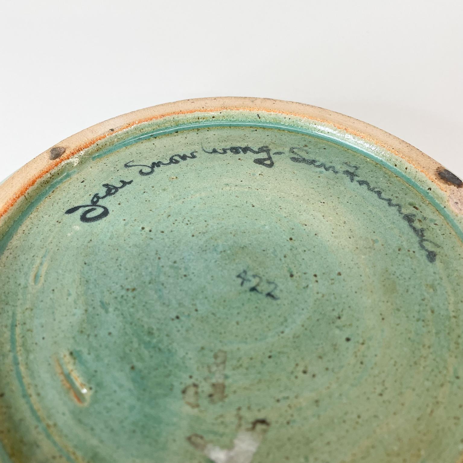 Mid-20th Century Artist Jade Snow Wong Ceramic Glass Pottery Dish Art in Turquoise San Francisco
