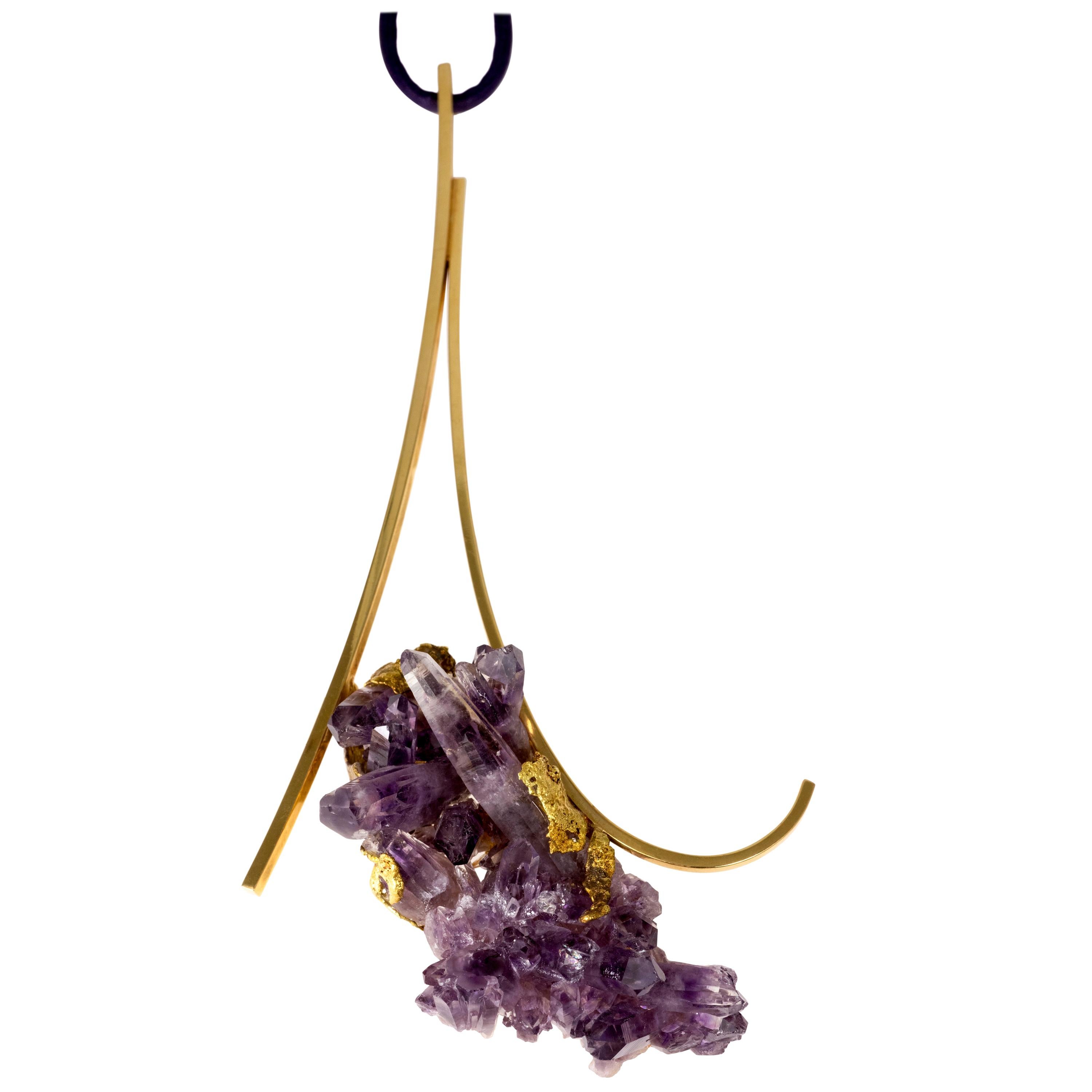 Artist Jewel - Roland Schad Rough Amethyst and Gold Pendant For Sale