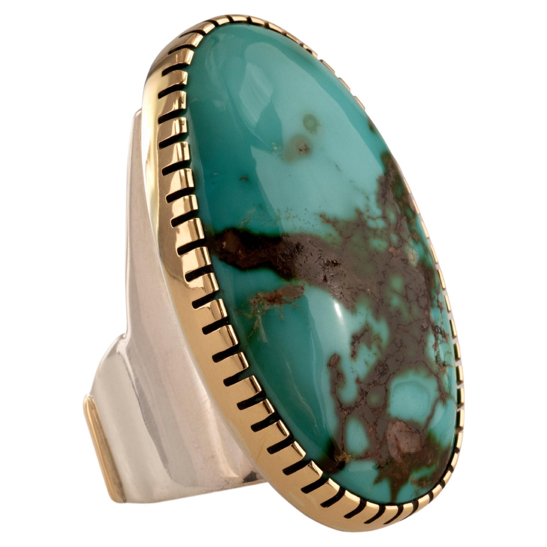 Sonwai (Verma Nequetewa ) Royston Turquoise Silver and Gold Ring Circa 2018 For Sale
