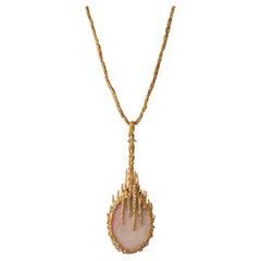 Art Jewel Handmade Unique Large Opal Diamond Textured Gold Necklace, Circa 1970