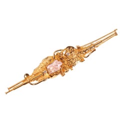 Artist Jewelry Signed Demaret Modernistic Gold Bar Brooch with Brilliants Pearl