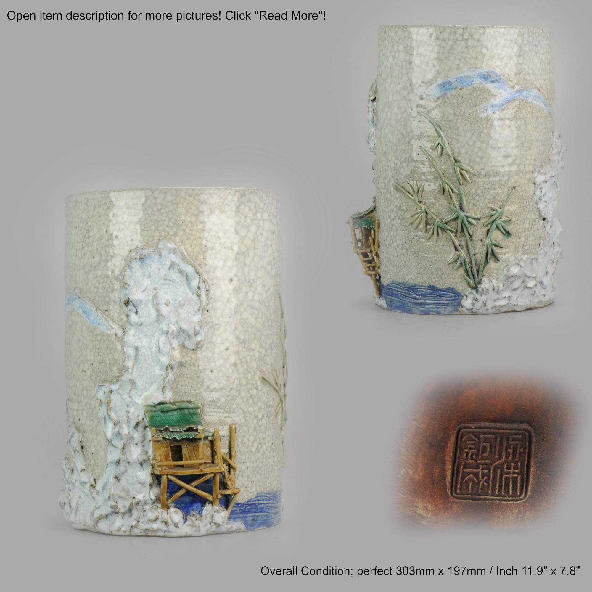 Artist Liang Ju Cheng Chinese porcelain ProC Bitong Brushpot Water Landscape For Sale 7