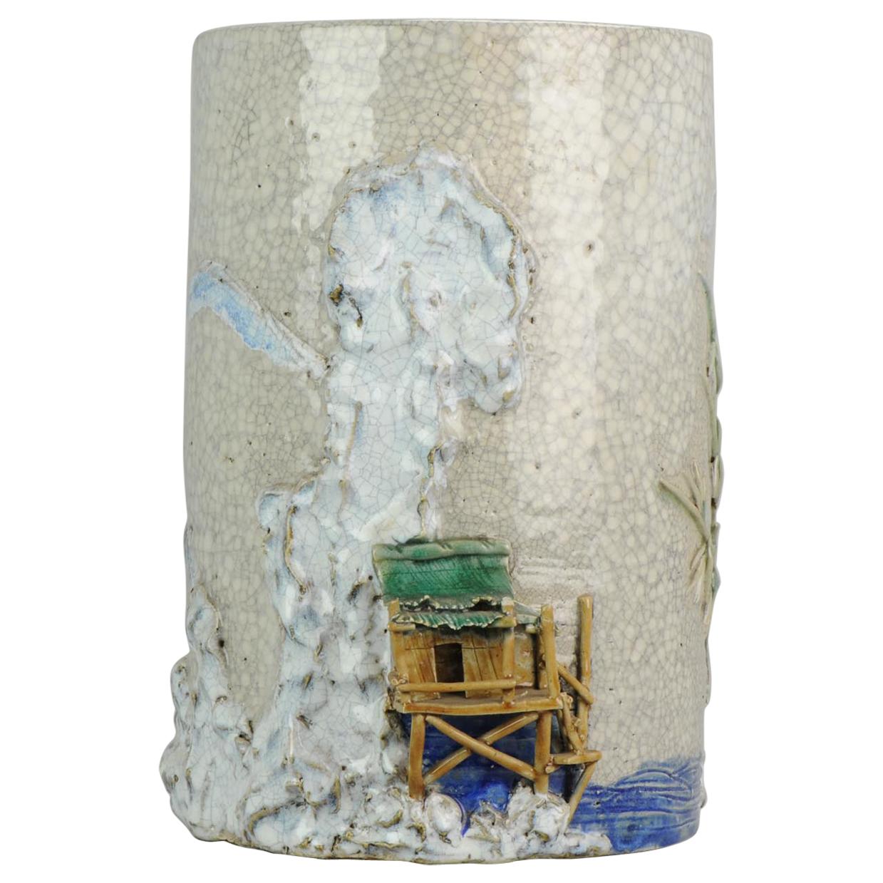 Artist Liang Ju Cheng Chinese porcelain ProC Bitong Brushpot Water Landscape