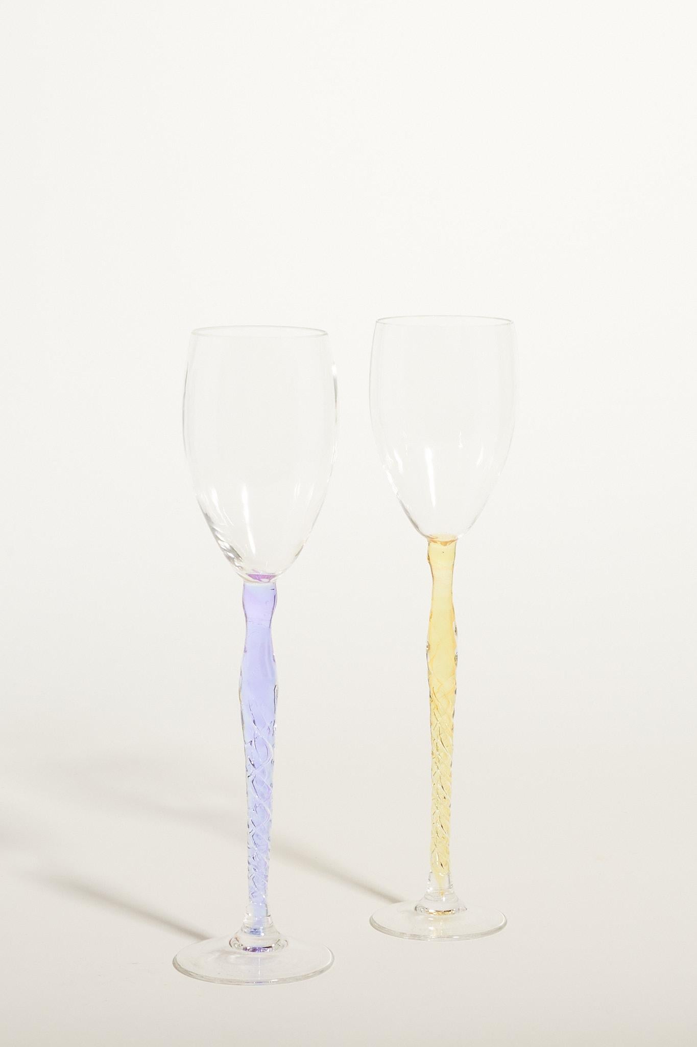 Artist set of two elegant champagne/wine glasses with twisted long stems in pale lilac and lemon.