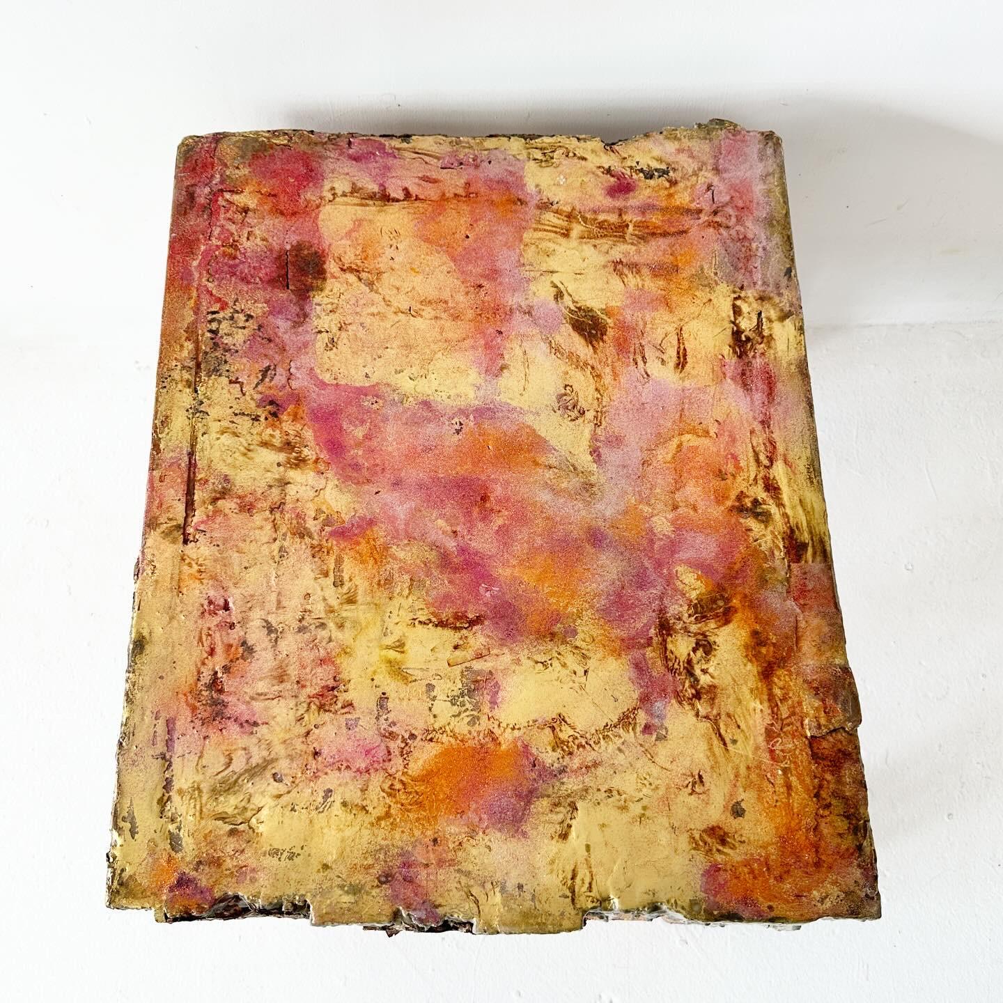 20th Century artist made brutalist coffee table gold pink resin For Sale