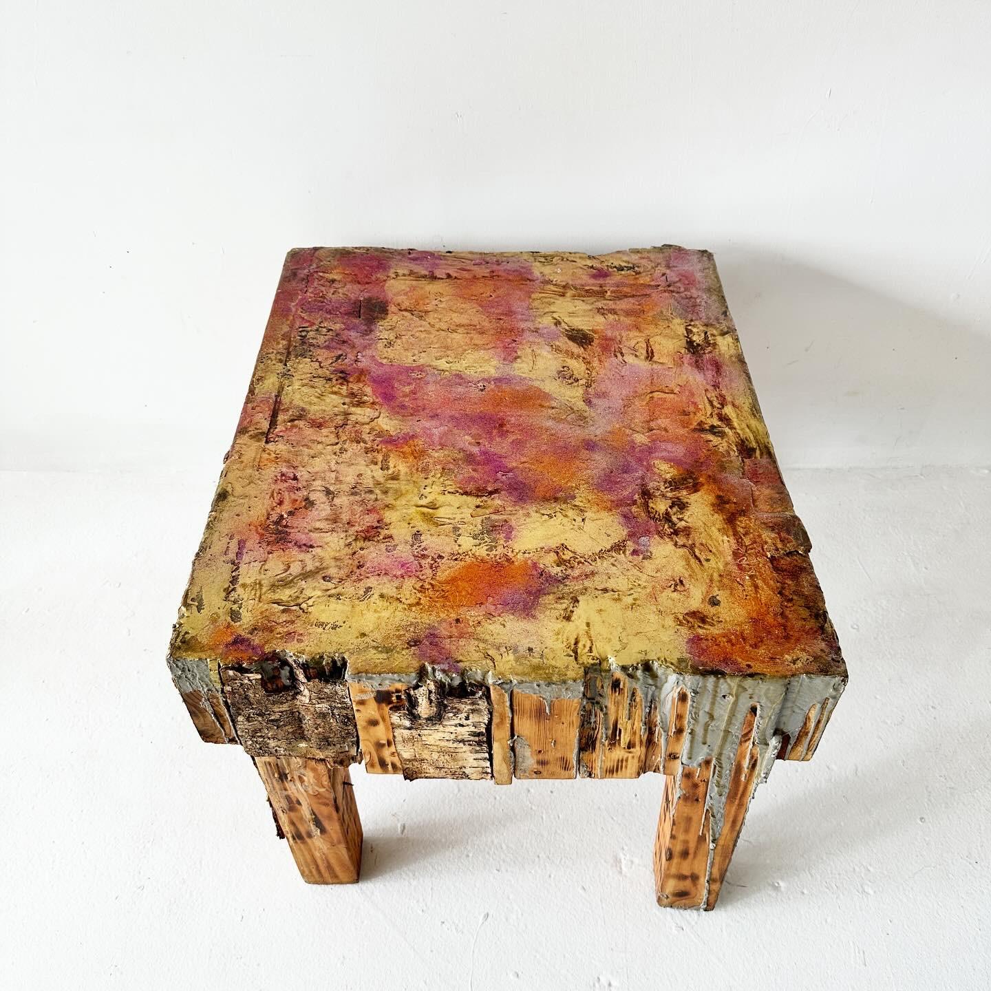 Epoxy Resin artist made brutalist coffee table gold pink resin For Sale