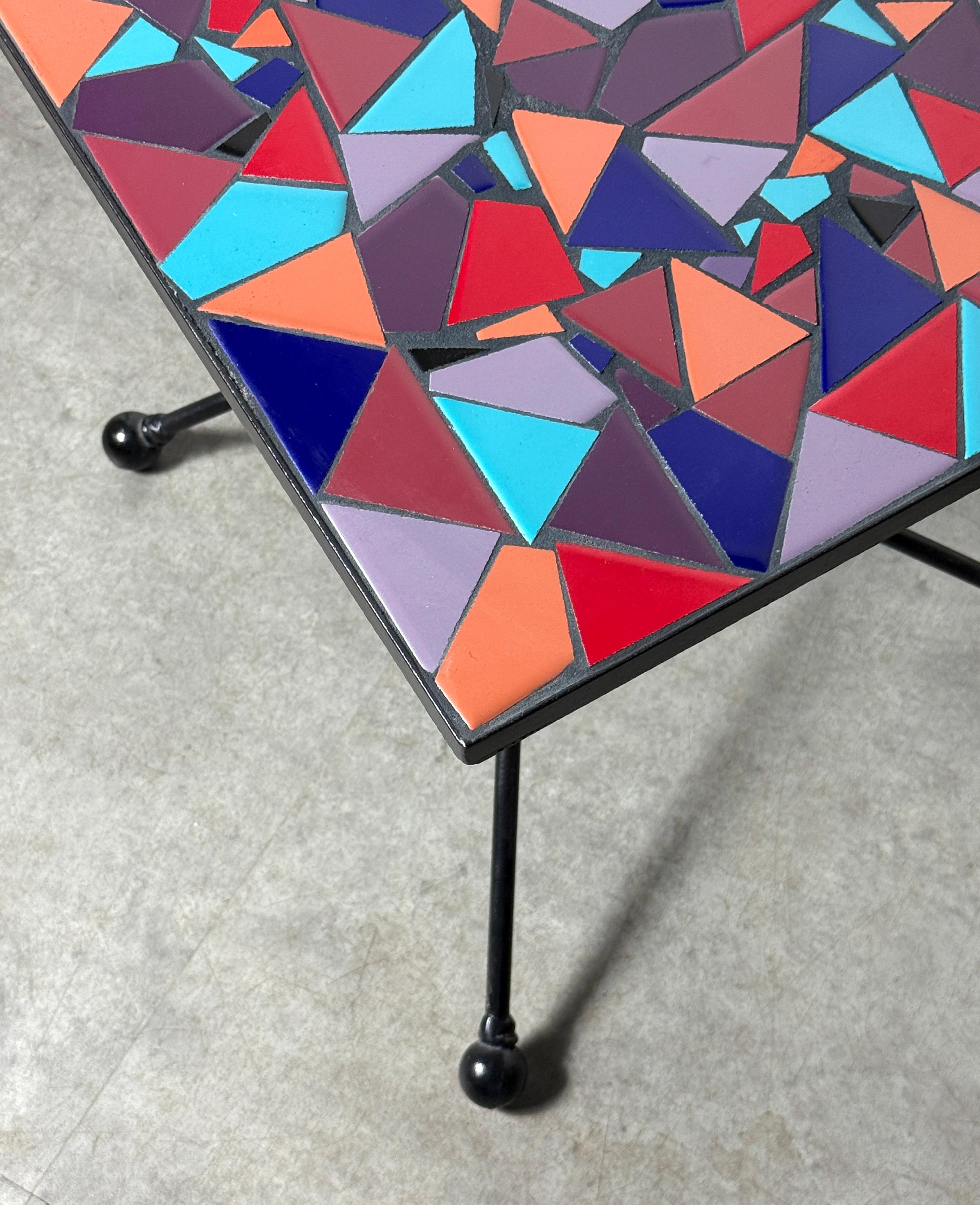 Artist Made Ceramic Tile Abstract Mosaic Side Table with Sculptural Iron Base en vente 2