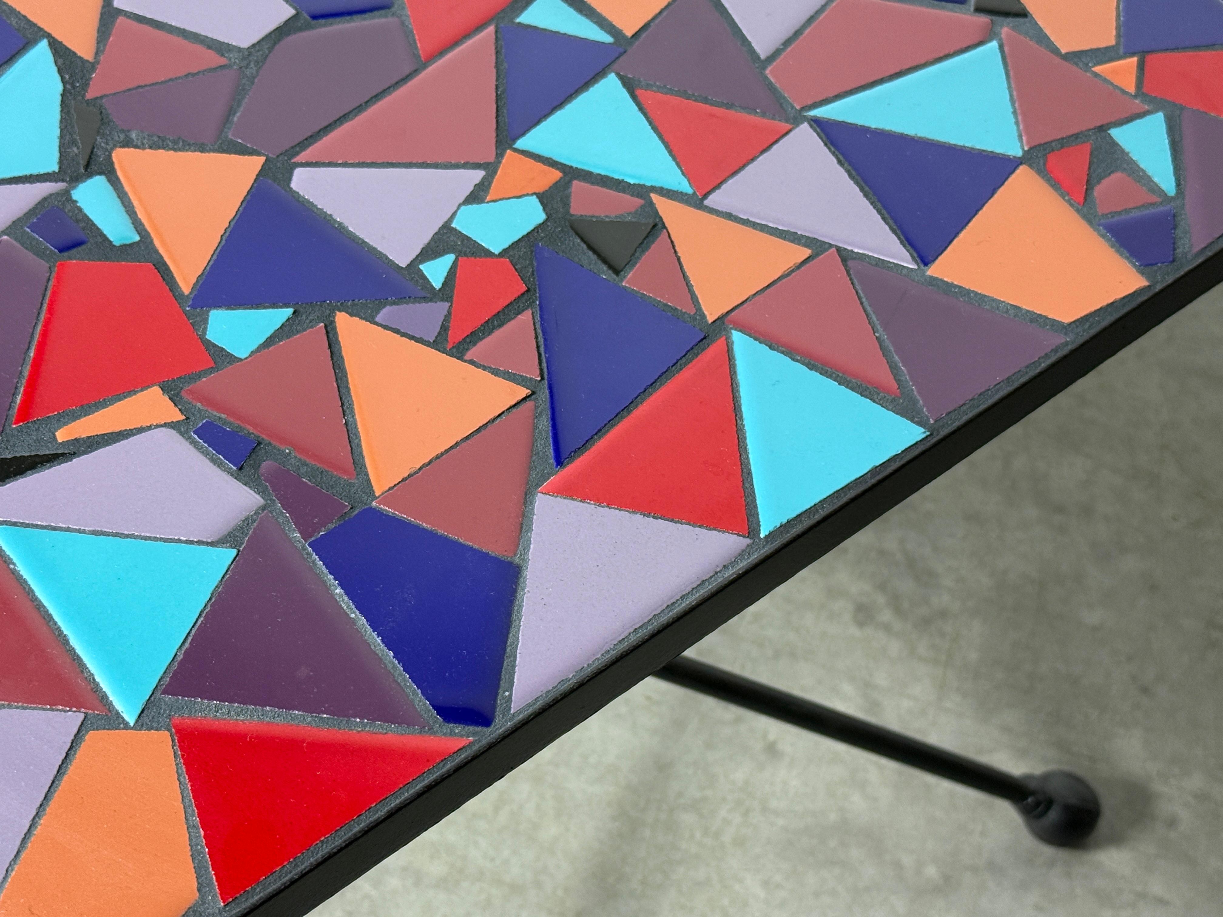 Artist Made Ceramic Tile Abstract Mosaic Side Table with Sculptural Iron Base en vente 3