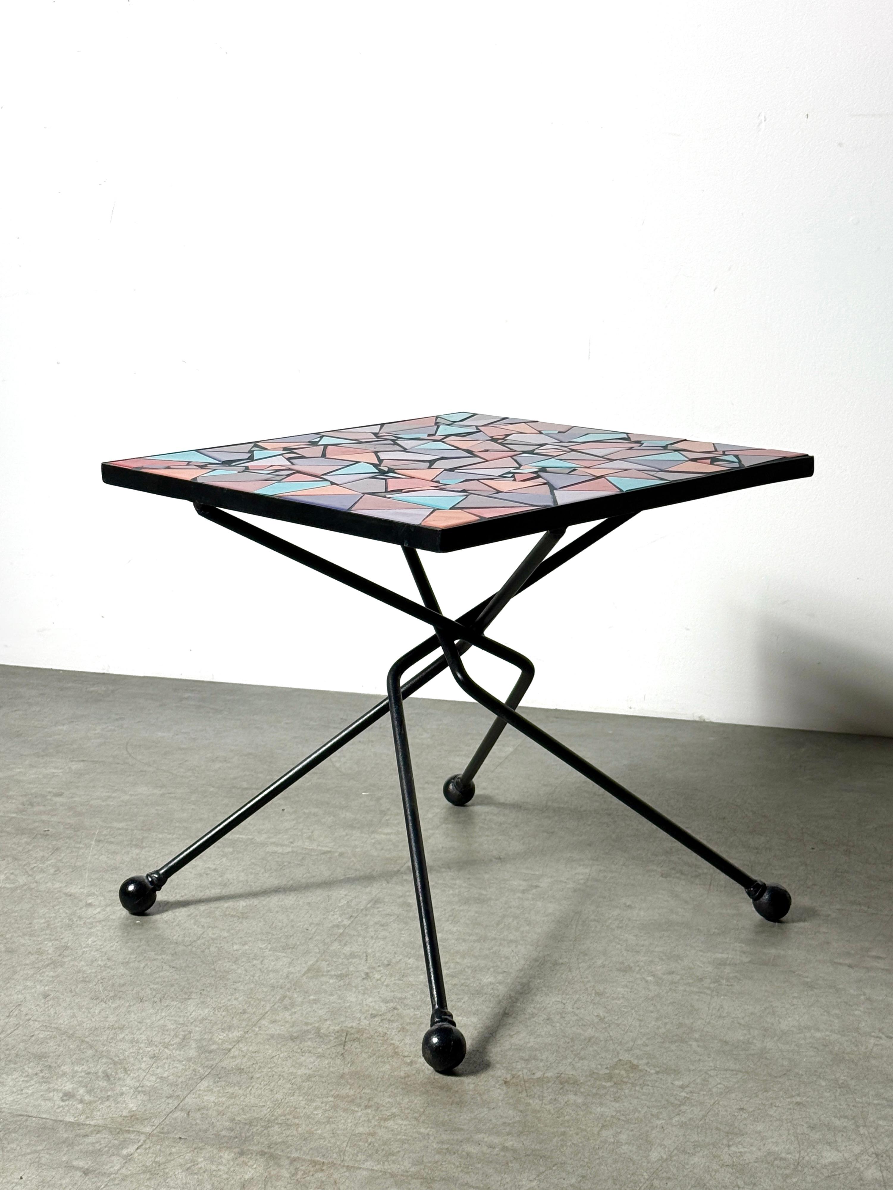 Artist Made Ceramic Tile Abstract Mosaic Side Table with Sculptural Iron Base en vente 4