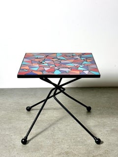 Ceramic Tile Mosaic Top Side Table with Sculptural Black Iron Base Artist Made