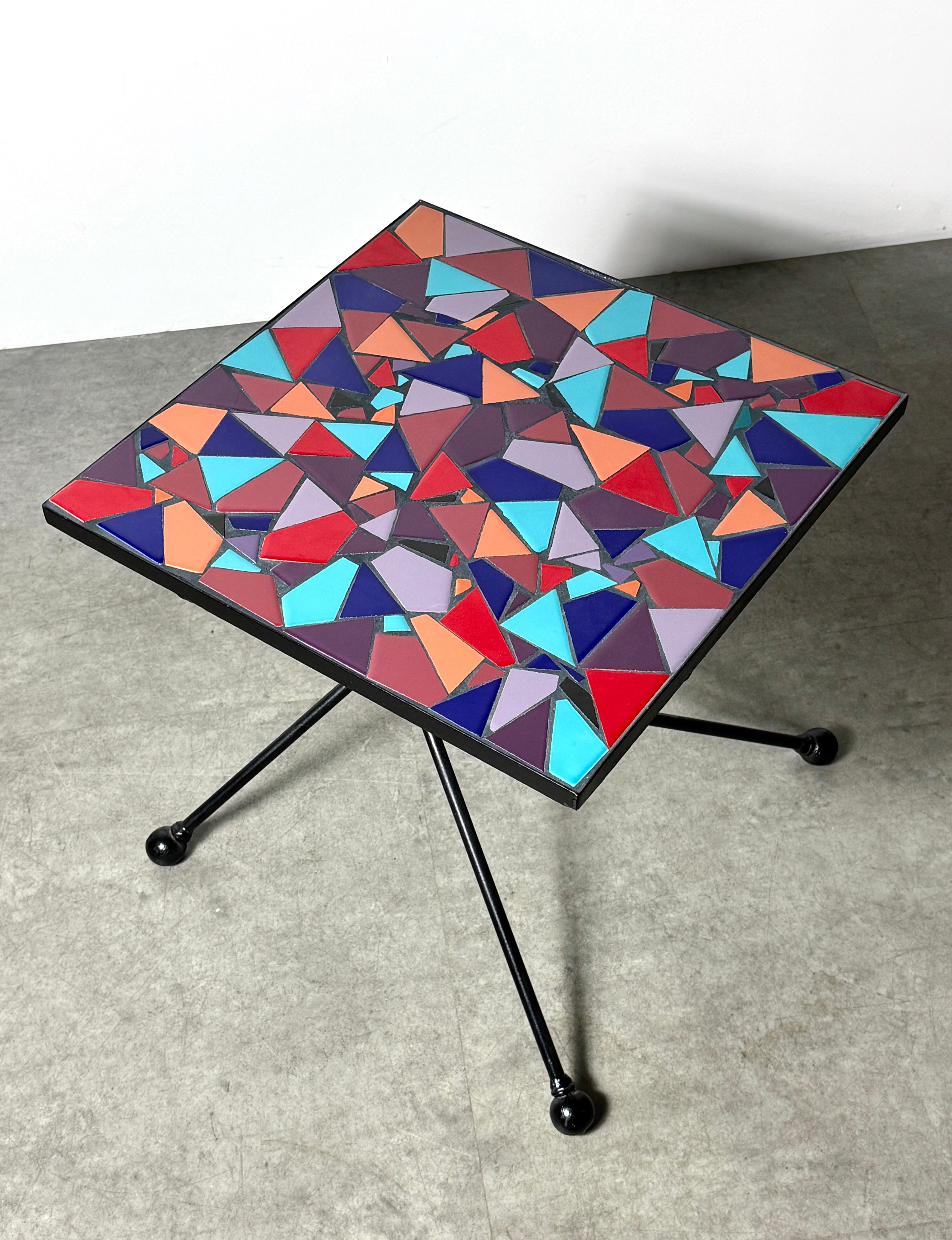 Postmoderne Artist Made Ceramic Tile Abstract Mosaic Side Table with Sculptural Iron Base en vente