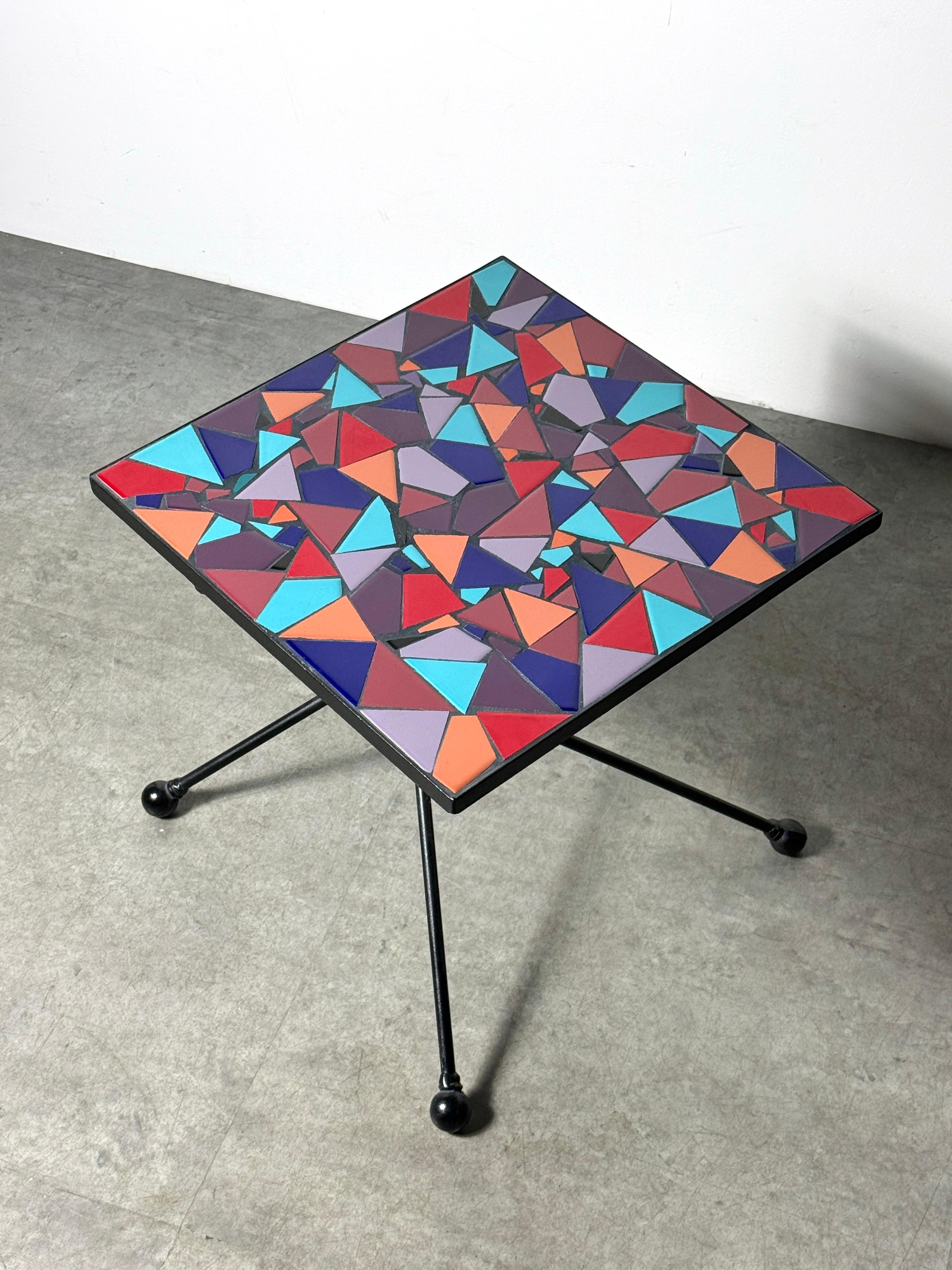 Artist Made Ceramic Tile Abstract Mosaic Side Table with Sculptural Iron Base Bon état - En vente à Troy, MI