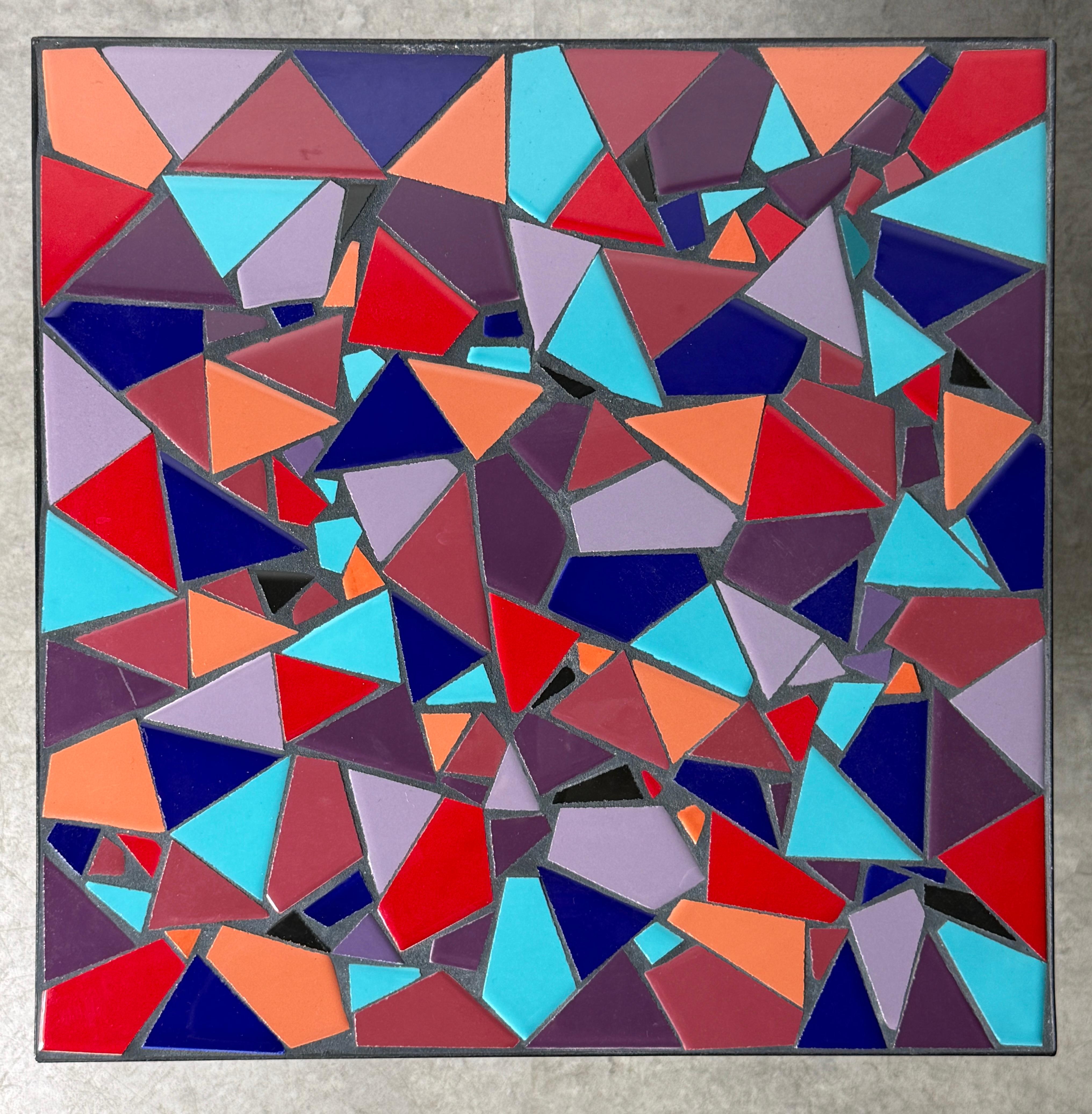 Céramique Artist Made Ceramic Tile Abstract Mosaic Side Table with Sculptural Iron Base en vente