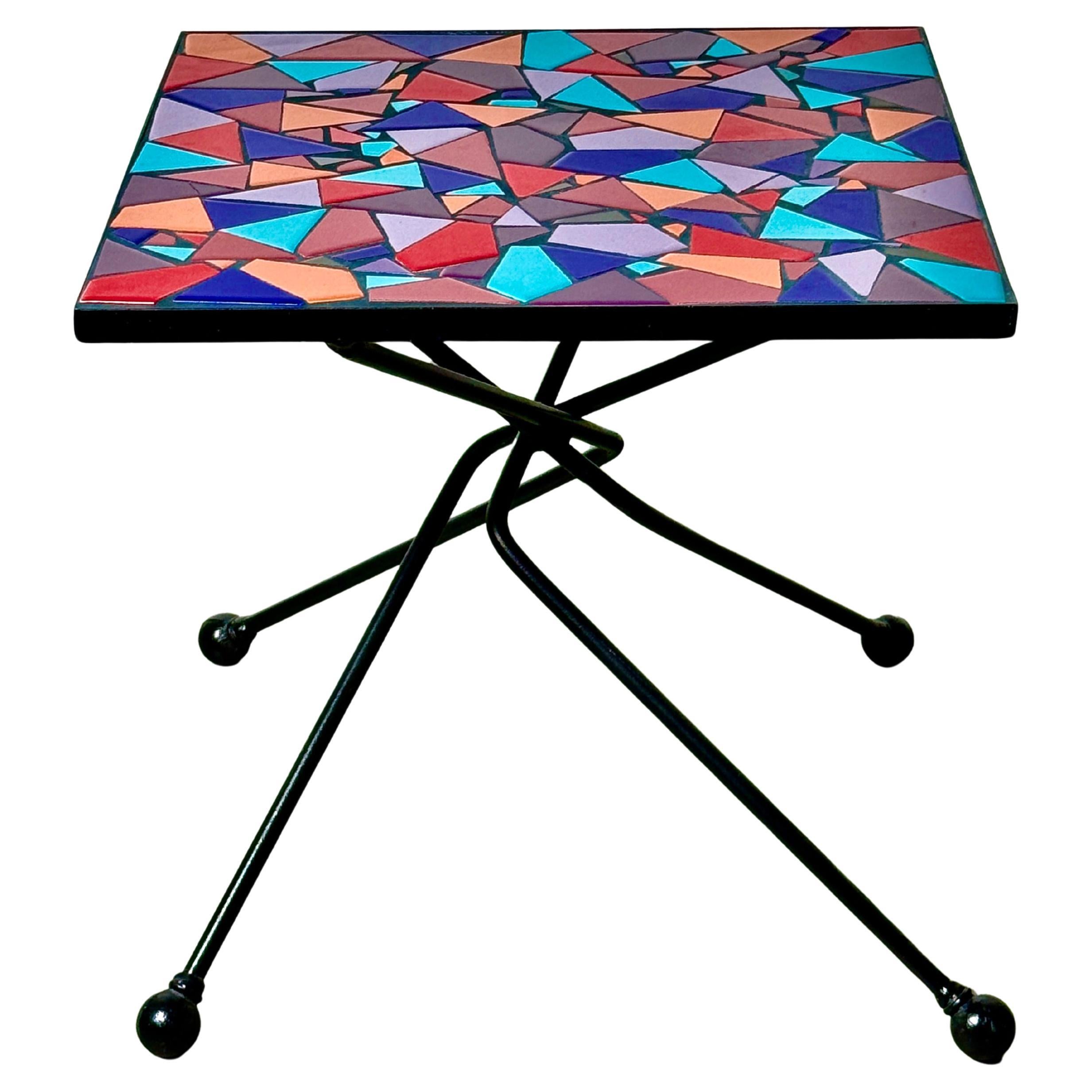 Artist Made Ceramic Tile Abstract Mosaic Side Table with Sculptural Iron Base en vente