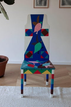 Artist Made Colourful Painted Chair With Abstract Shapes and Bird Motive