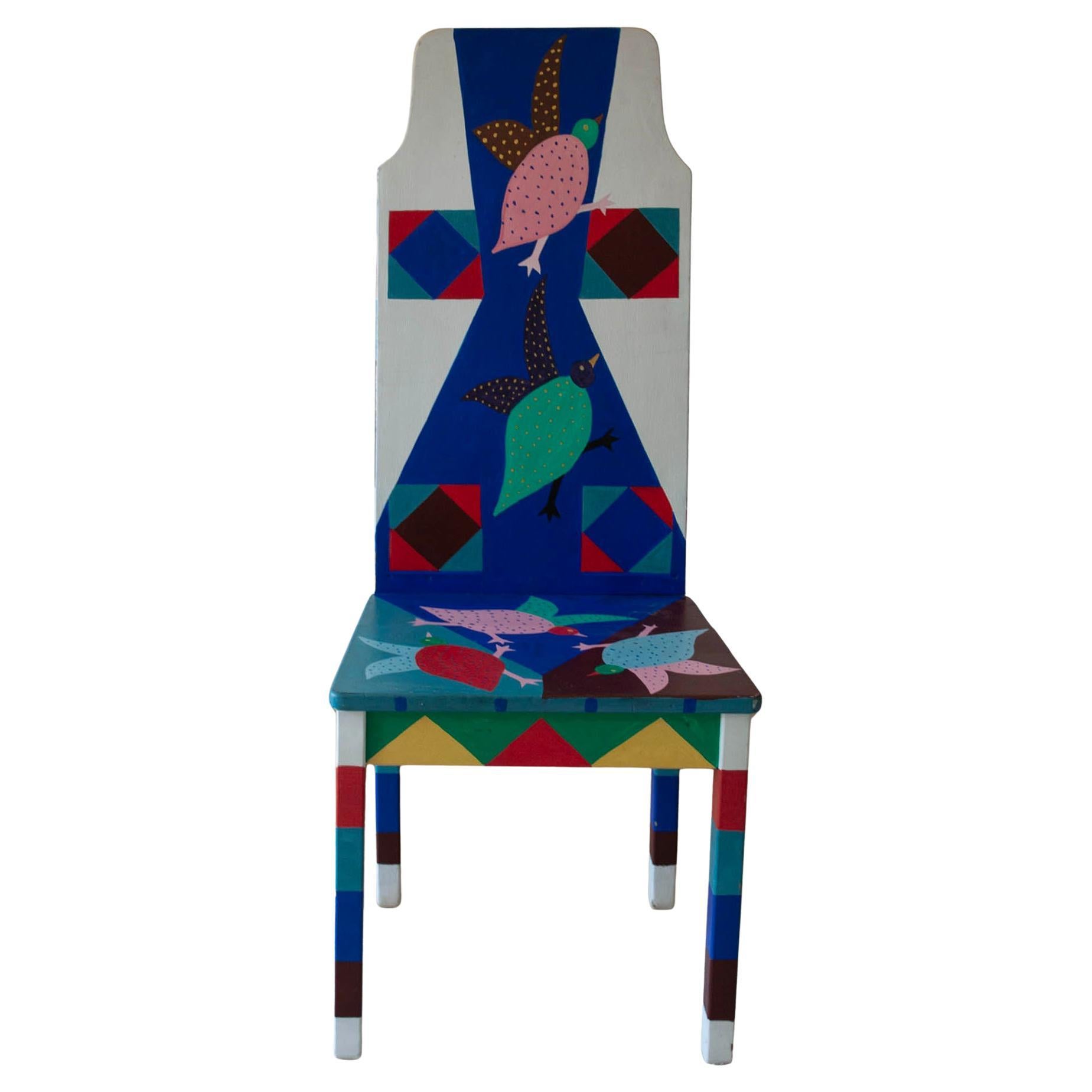 Artist Made Colourful Painted Chair With Abstract Shapes and Bird Motive