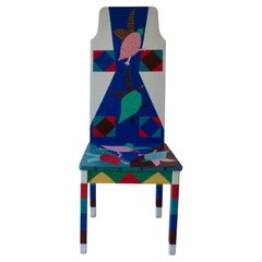 Artist Made Colourful Painted Chair With Abstract Shapes and Bird Motive