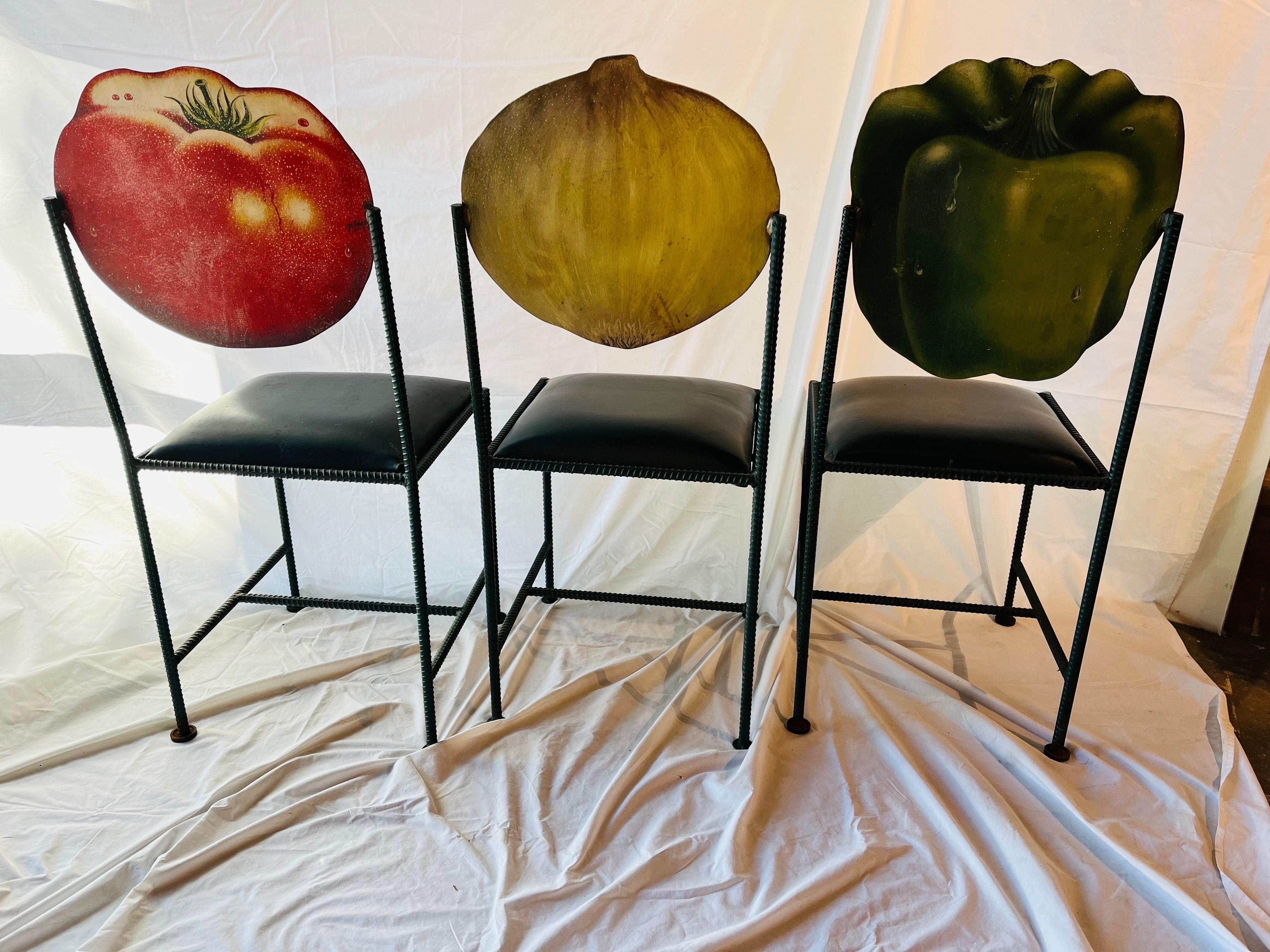 Artist Made Hand Painted and Signed Unique Set of Three Vegetable Garden Chairs For Sale 7