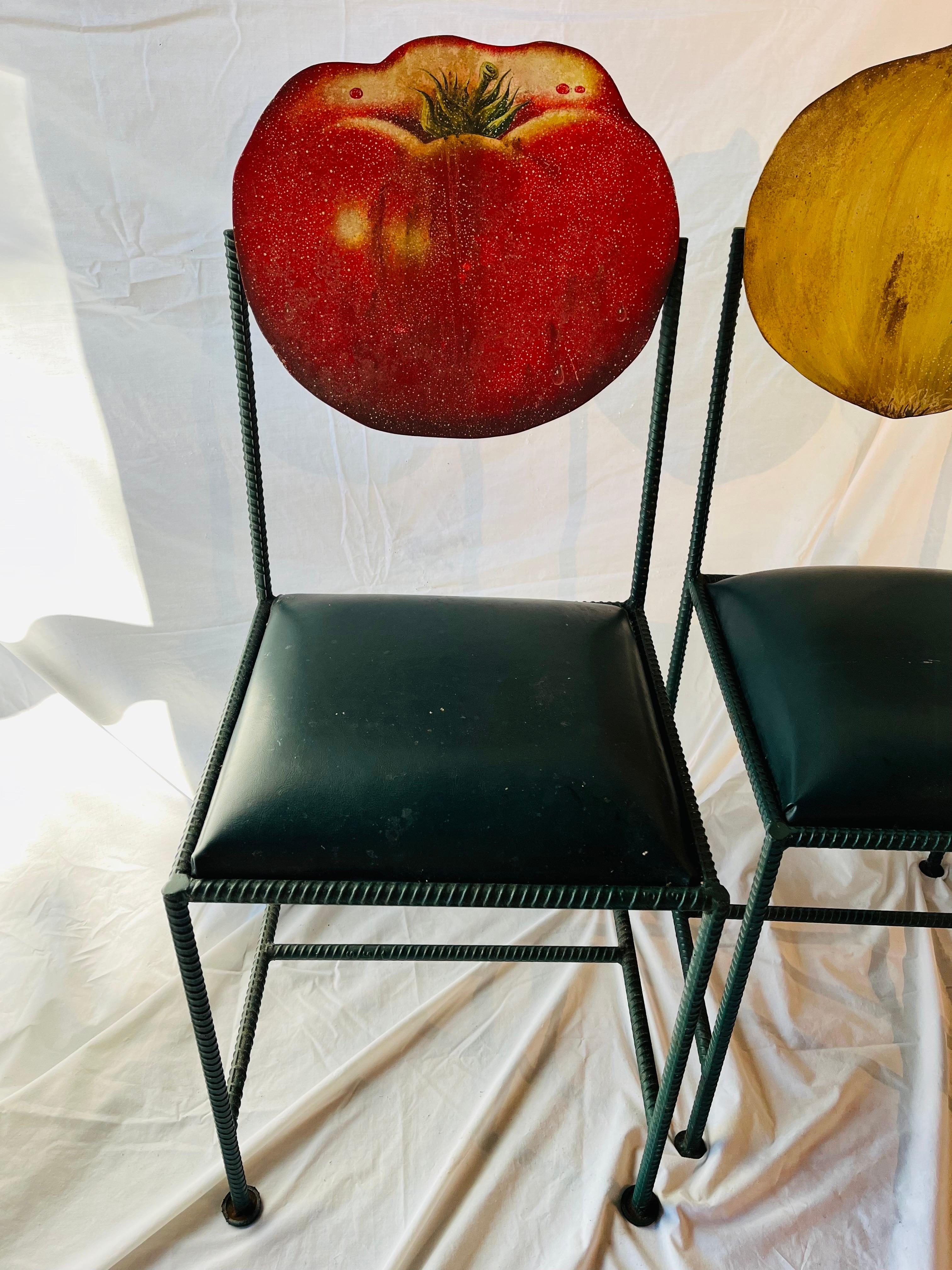 Artist Made Hand Painted and Signed Unique Set of Three Vegetable Garden Chairs For Sale 9