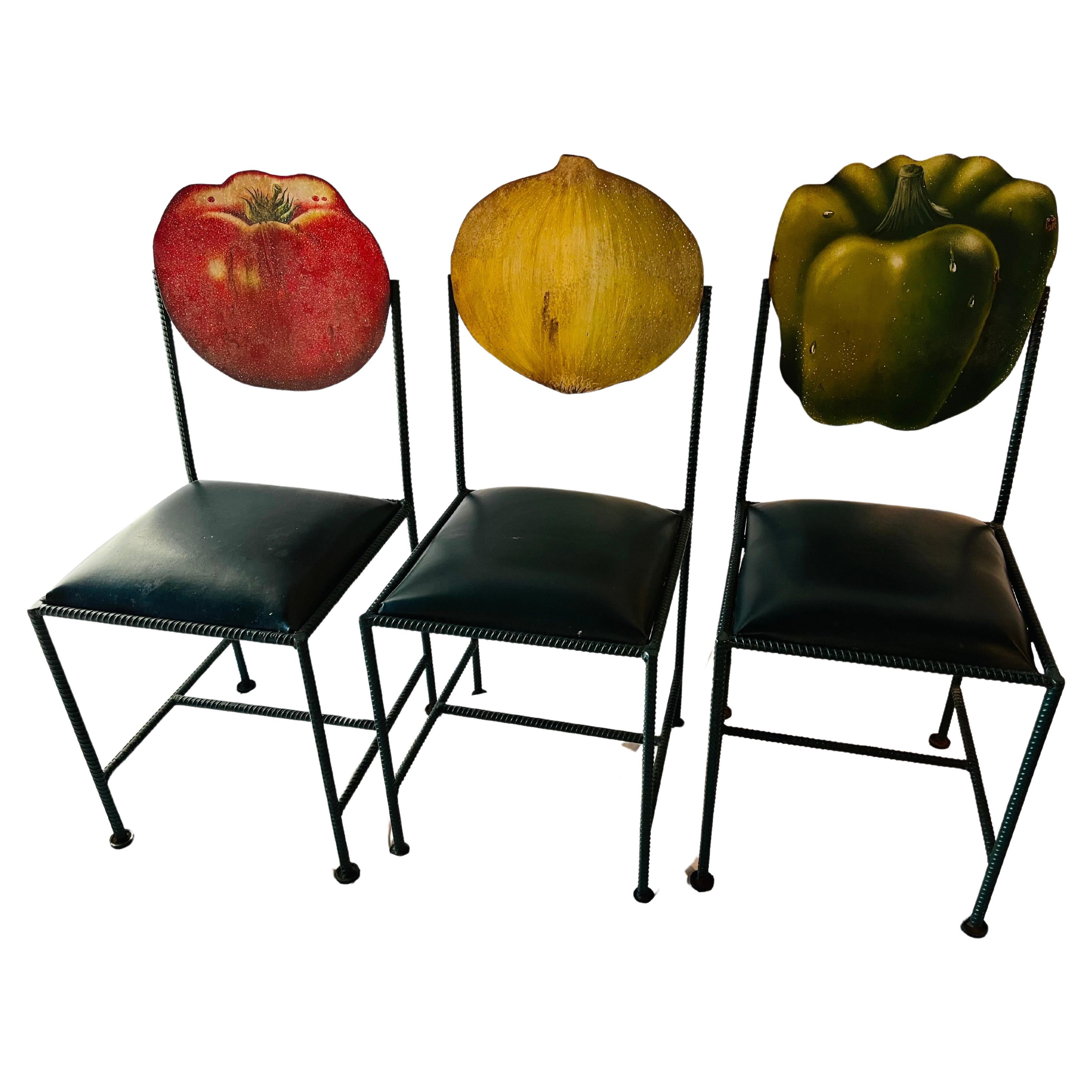 Artist Made Hand Painted and Signed Unique Set of Three Vegetable Garden Chairs For Sale