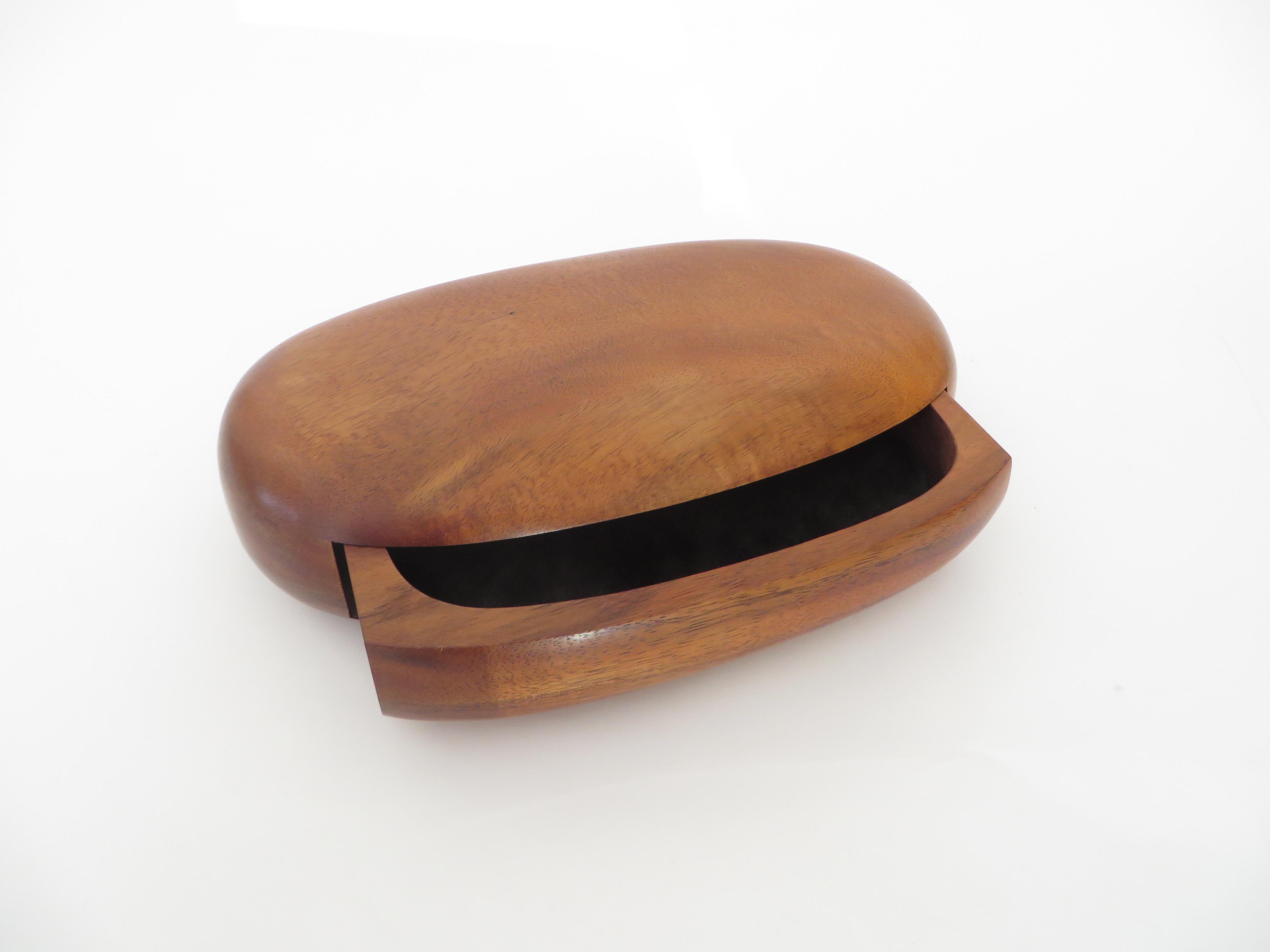 Mid-Century Modern Artist Made Koa Wood Oval Jewelry Box With Velvet Lined Drawer by Dean Santner 