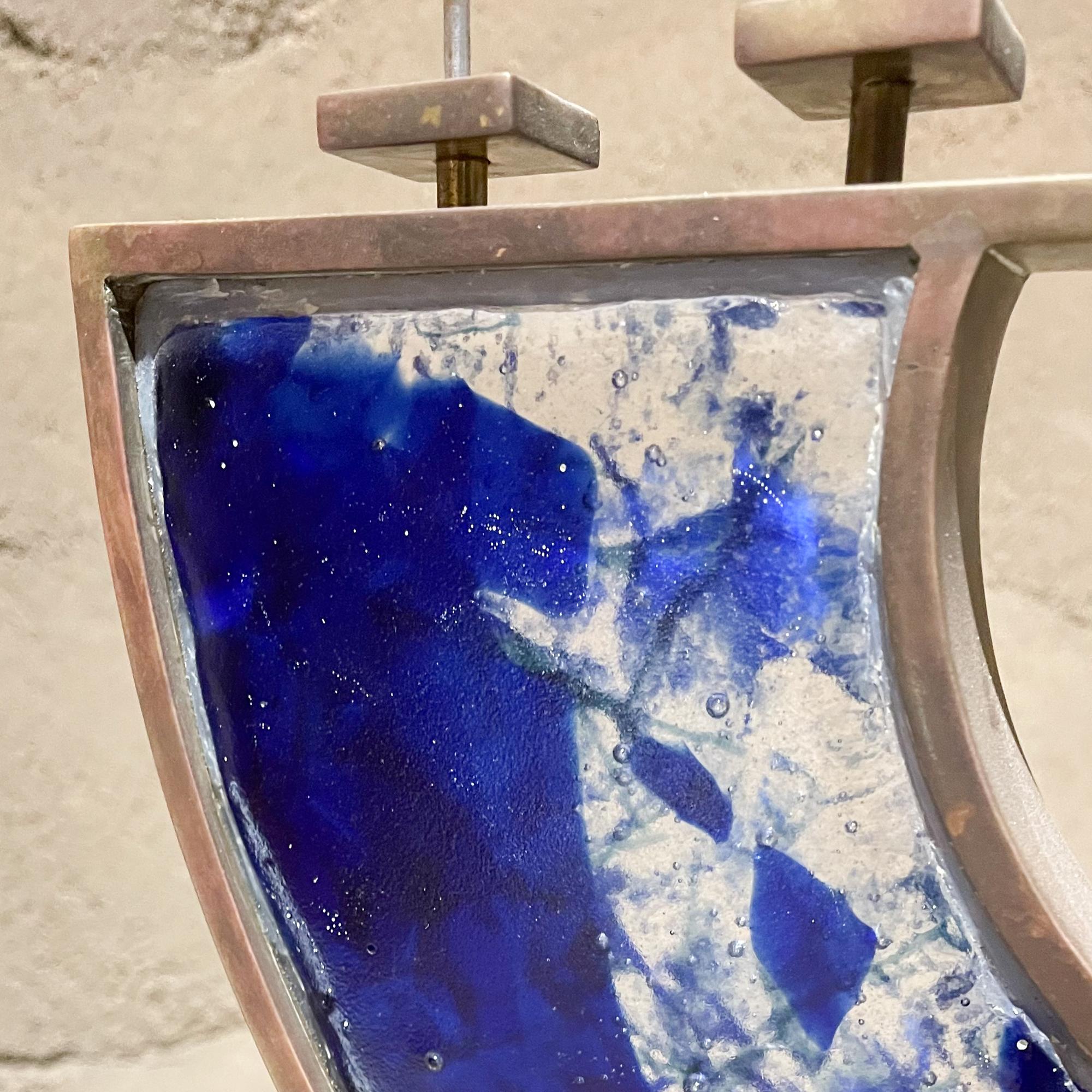 2000s Menorah Seven Arm Blue Fused Art Glass Bronze signed For Sale 10