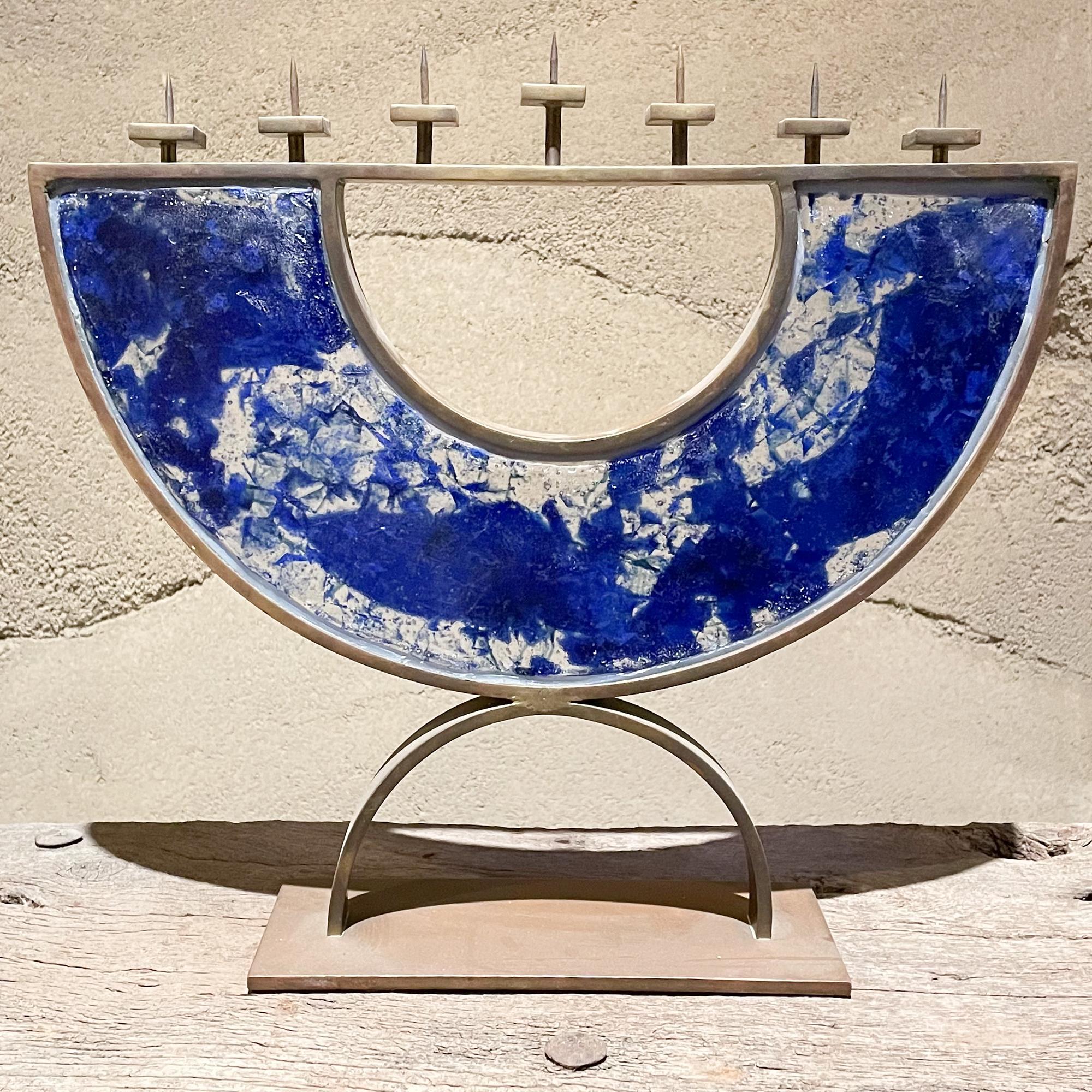 2000s Menorah Seven Arm Blue Fused Art Glass Bronze signed In Good Condition For Sale In Chula Vista, CA