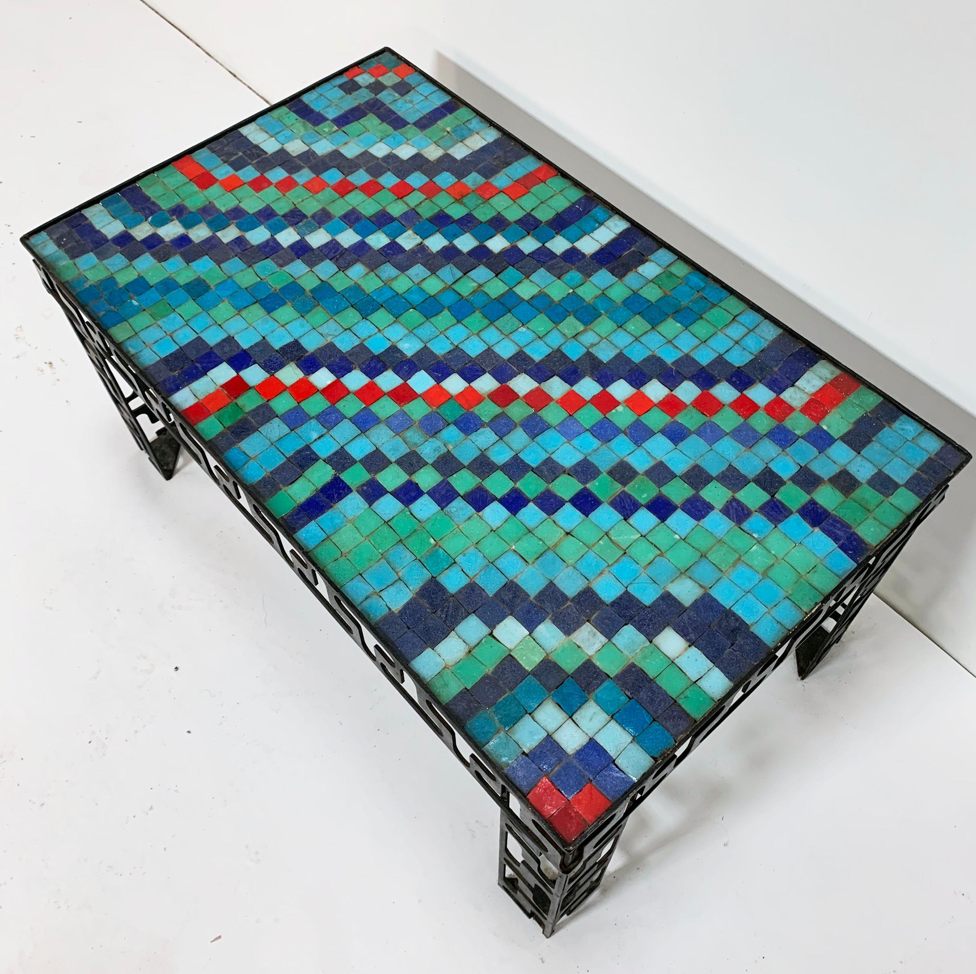 Unique artist made table of welded steel punch-cut blanks with a dazzling Murano glass tile mosaic, circa 1970s.