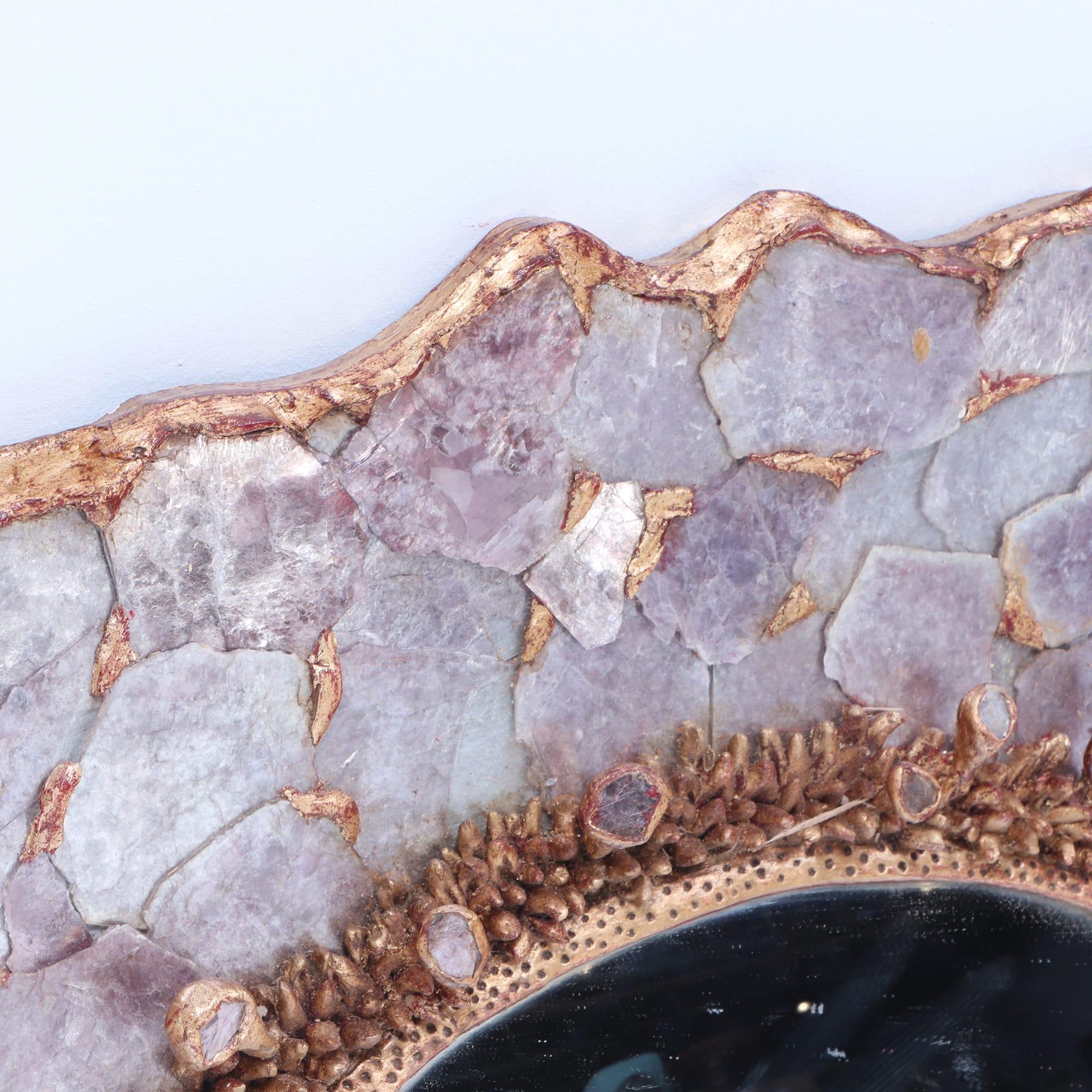 Artist made one of a kind lilac color mica and resin mirror having three dimensional gilt resin detail.
