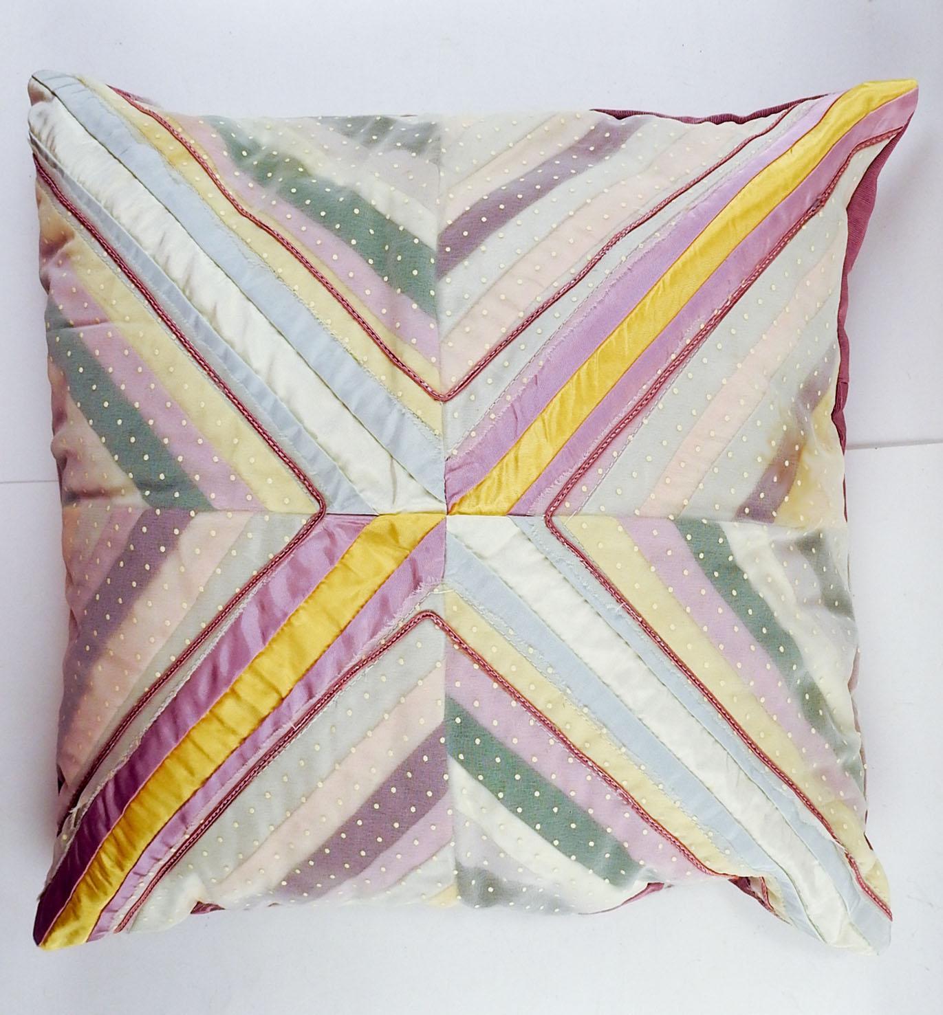 Textile artist made pillow pieced from vintage fabric. Includes sheer dots organza, satin, taffeta and moire blends. All in soft pastels, poly insert.