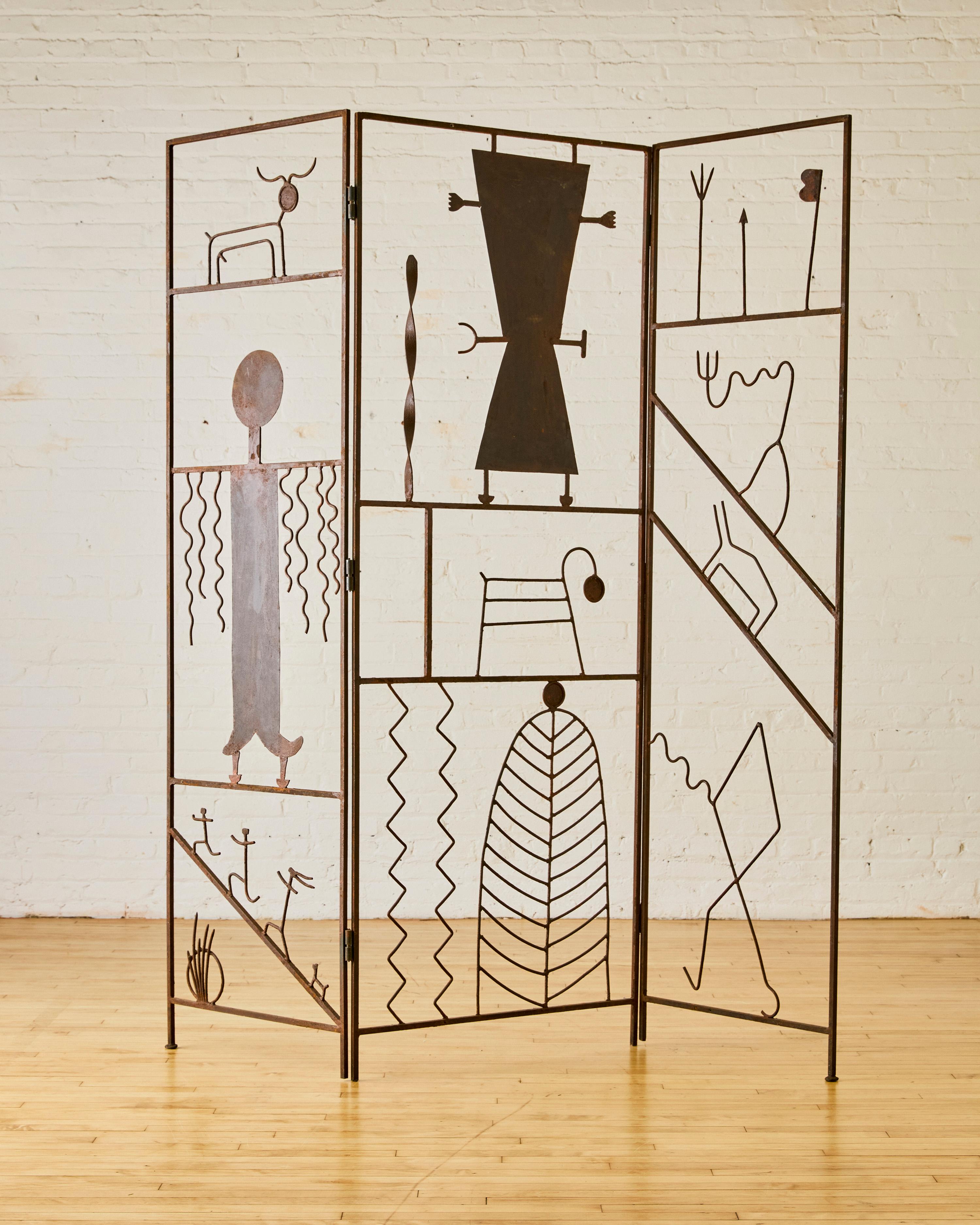 Artist Made Tri-Folding Iron Screen In Good Condition In Long Island City, NY