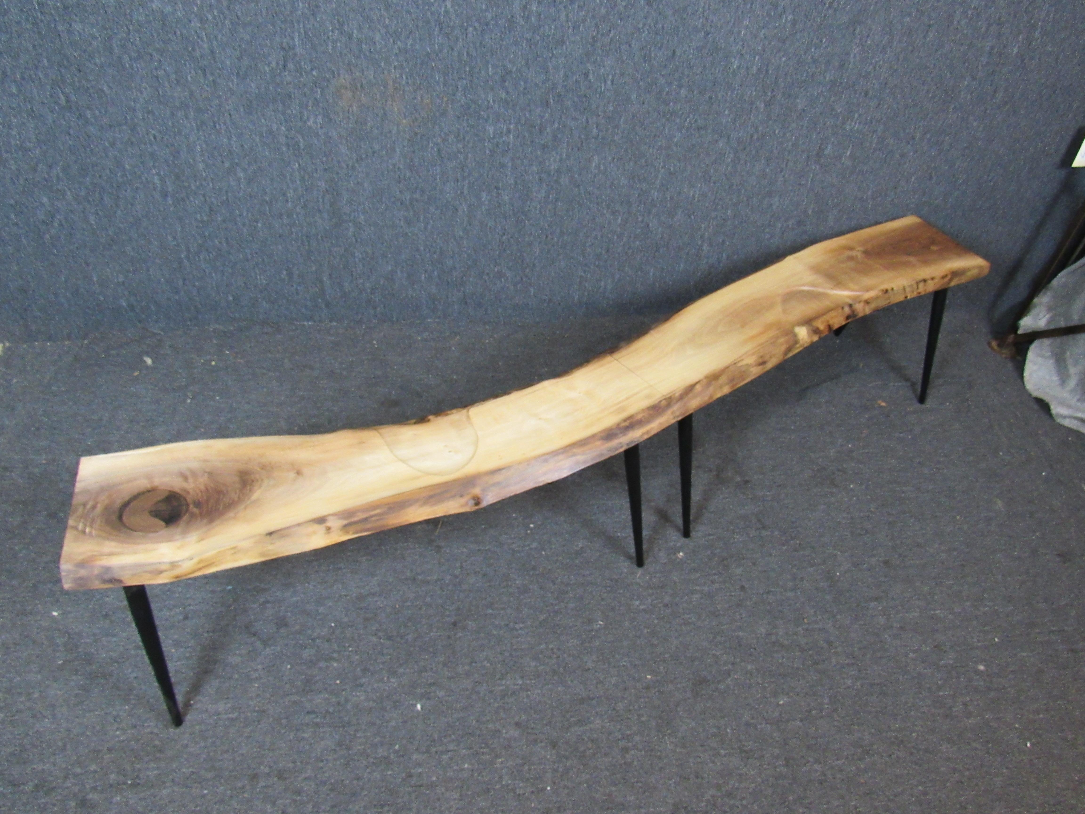 A truly one-of-a-kind inlayed walnut bench handmade by Brooklyn artist Ryan DellaCagna. A long 86
