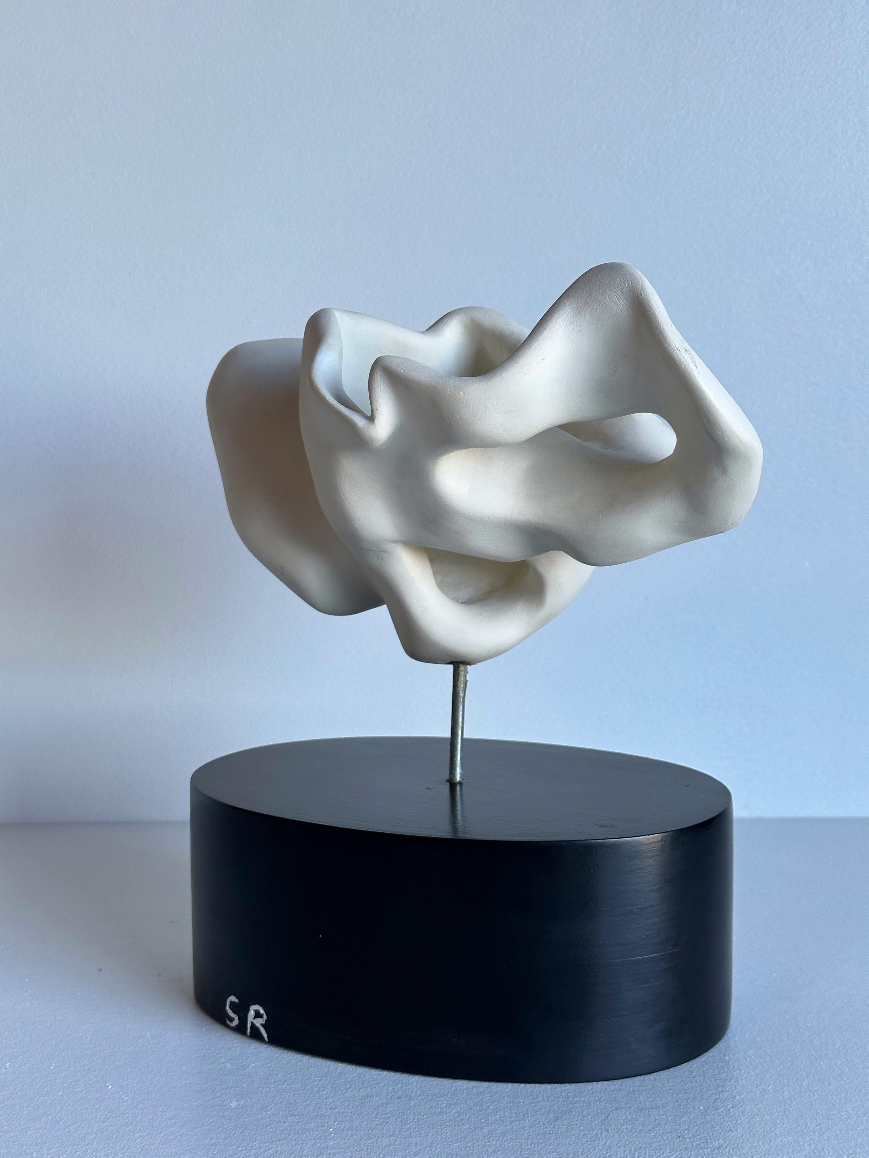 Organic Modern Artist Made White Plaster Biomorphic Tabletop Sculpture on Black Wood Stand For Sale