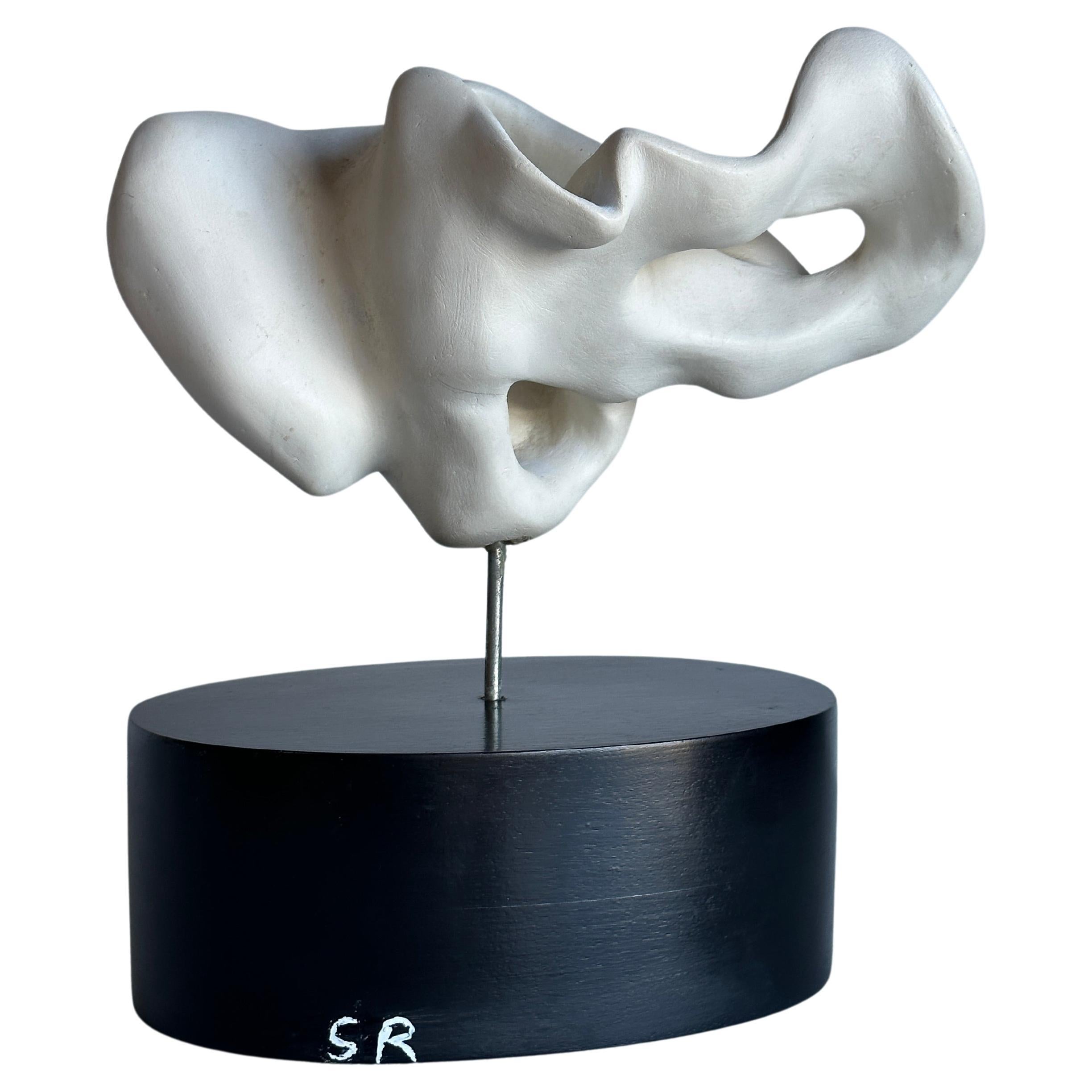Artist Made White Plaster Biomorphic Tabletop Sculpture on Black Wood Stand