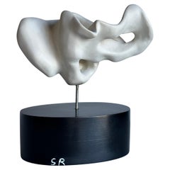Vintage Artist Made White Plaster Biomorphic Tabletop Sculpture on Black Wood Stand
