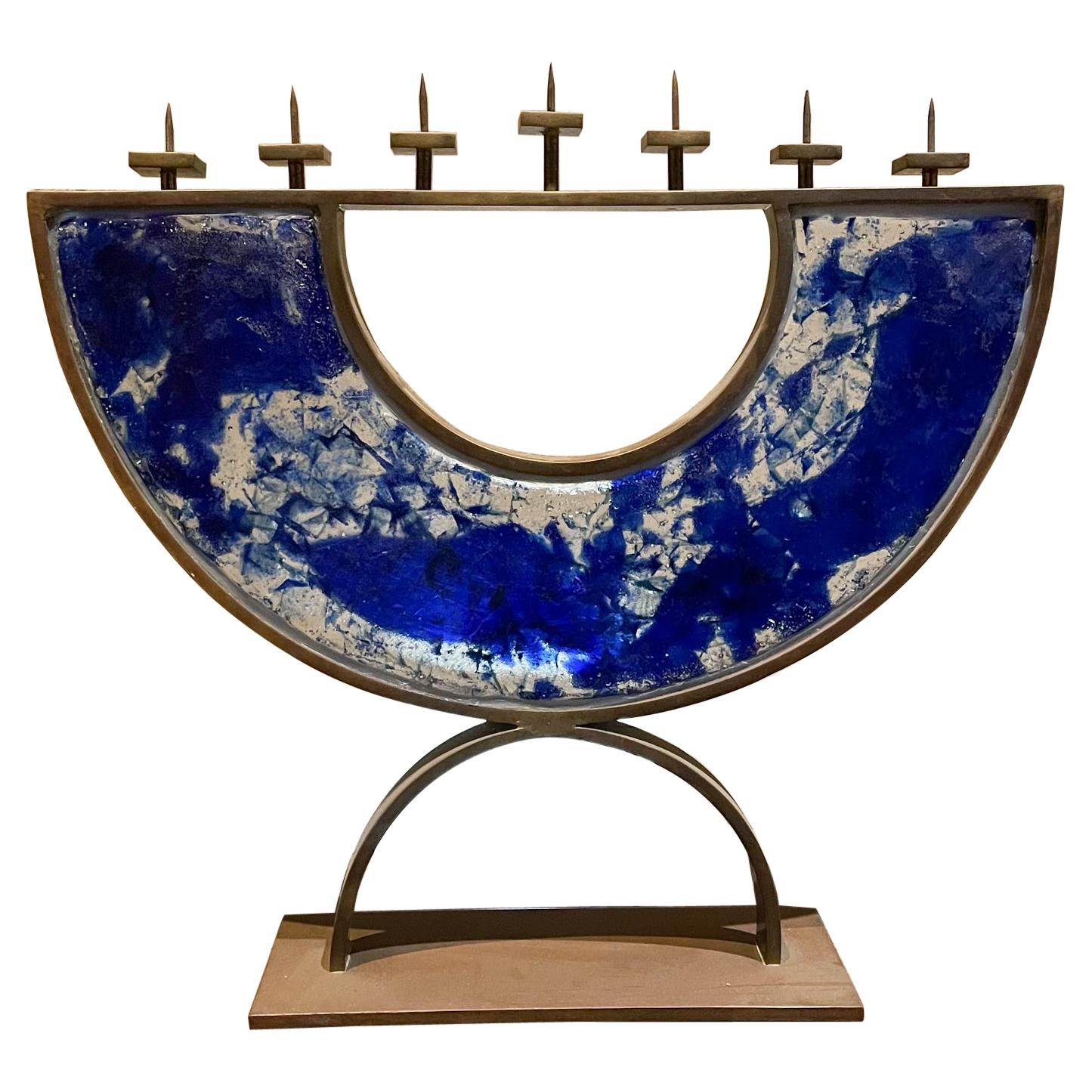 Artist made Menorah Arc Sculpture 7 Candle Cobalt Blue Sea Fused Glass & Bronze