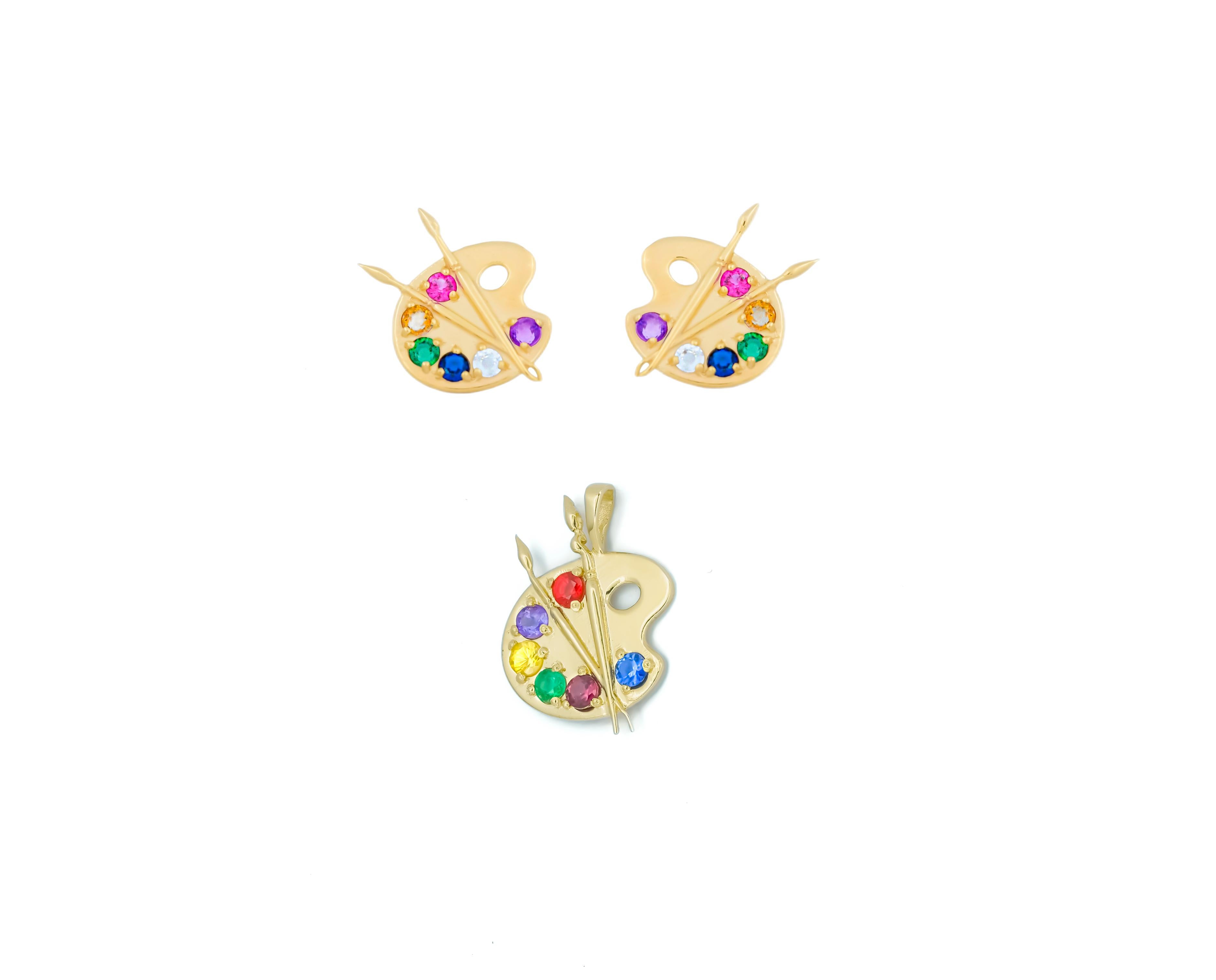 Artist Palette set: earrings and pendant in 14k gold.
Multicolor gemstones earrings and pendant. Paint Palette and Brush Earrings and pendant. Artist, Painter Jewelry set.

Metal: 14k gold
14x16 mm size earings
18x16mm size pendant
Weight 3.8