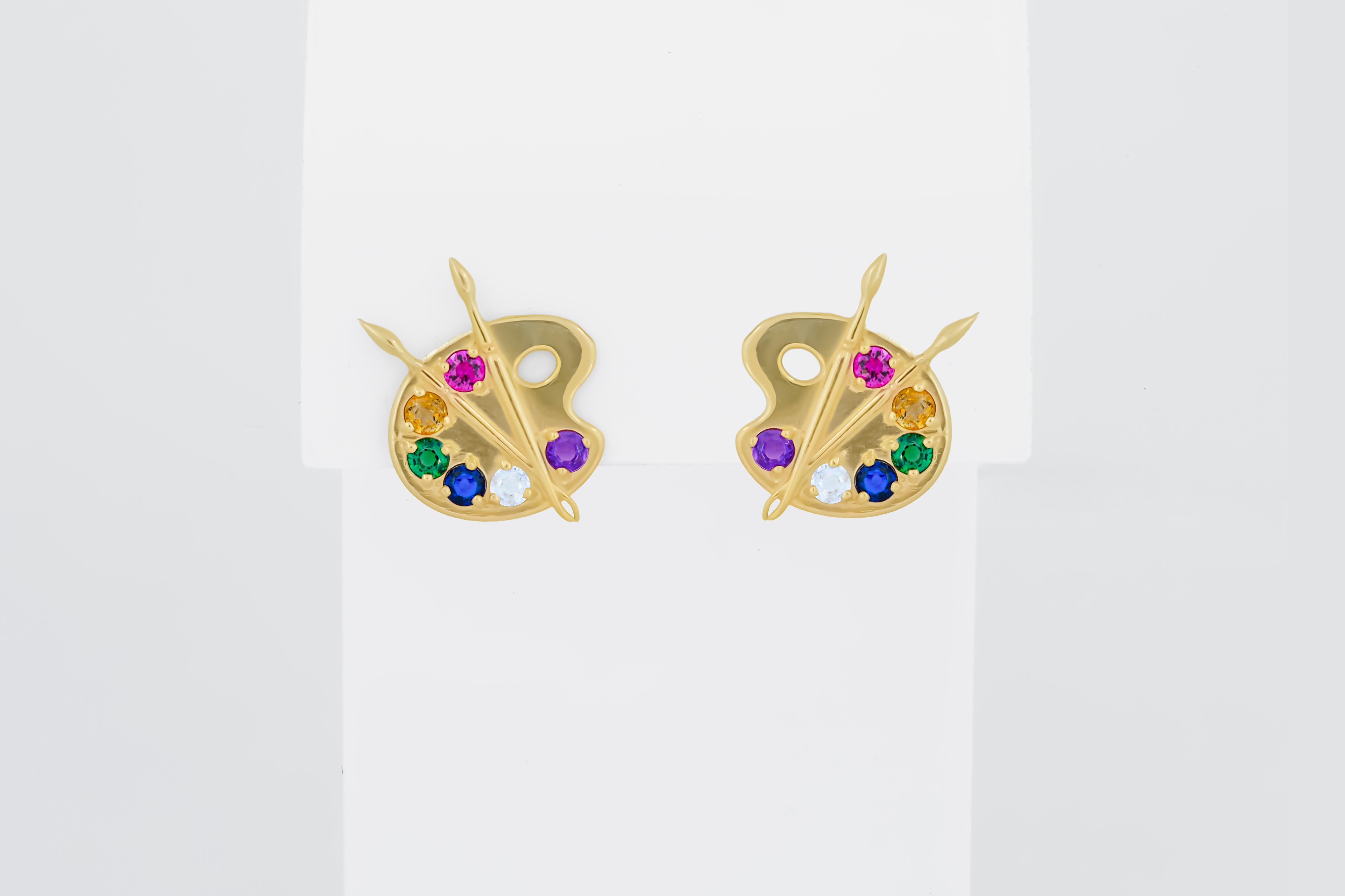Artist Palette set: earrings and pendant in 14k gold. For Sale 3