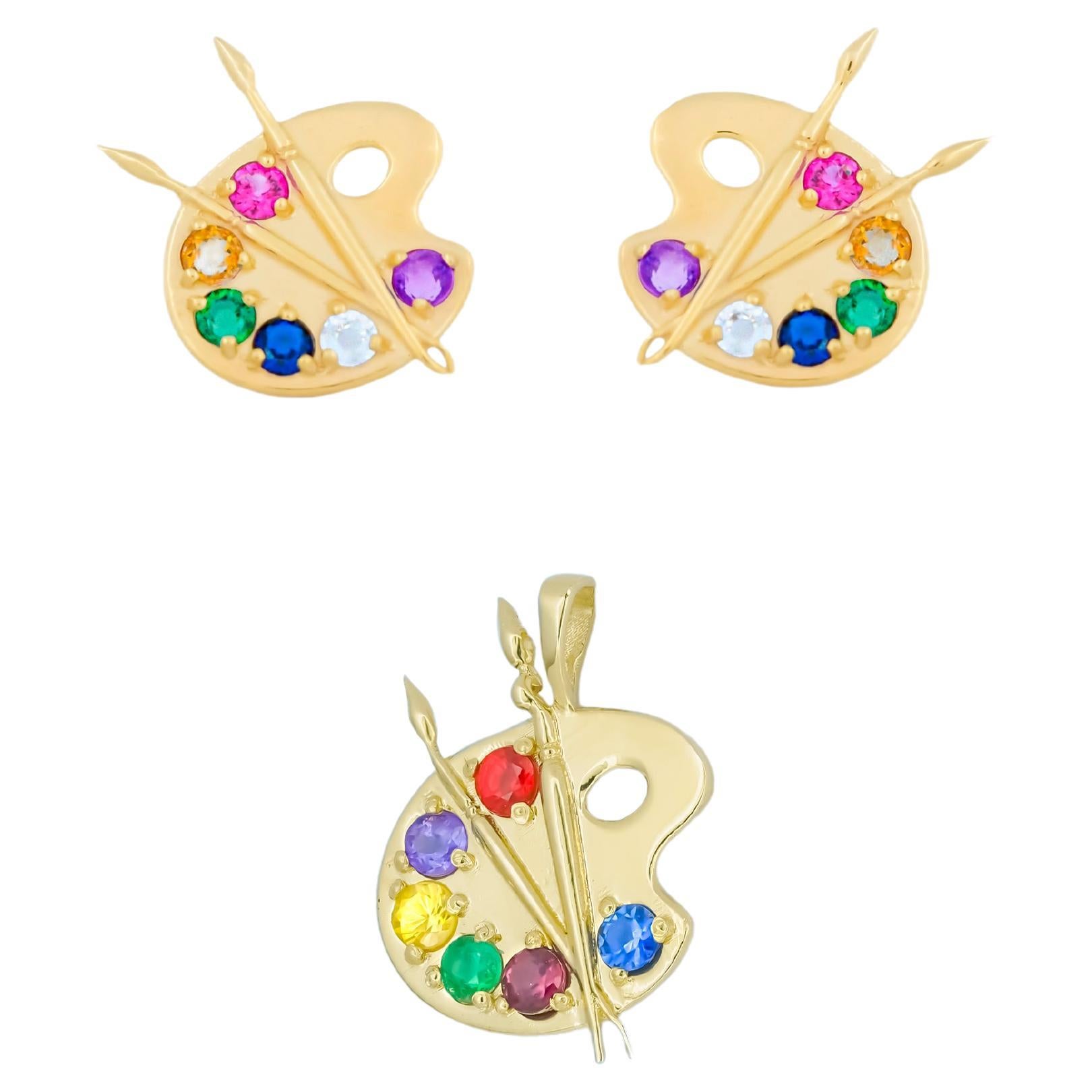 Artist Palette set: earrings and pendant in 14k gold. For Sale