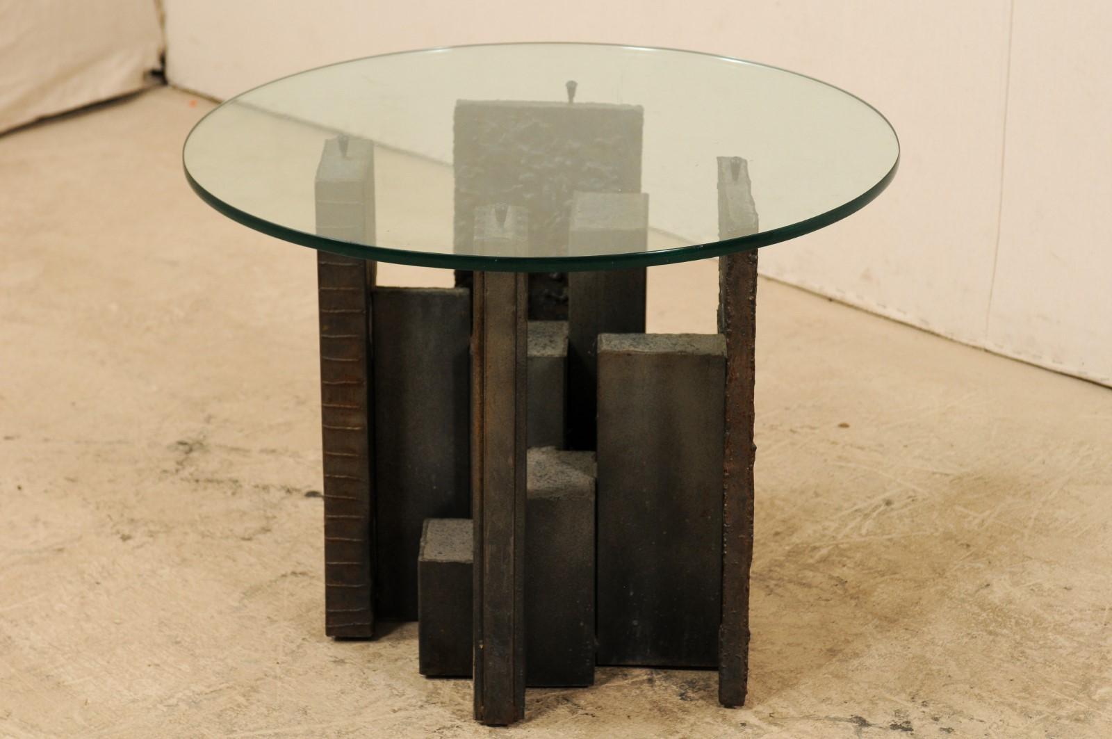 American Artist Paul Evans Sculpted Brutalist Metal Side Table with Glass Top