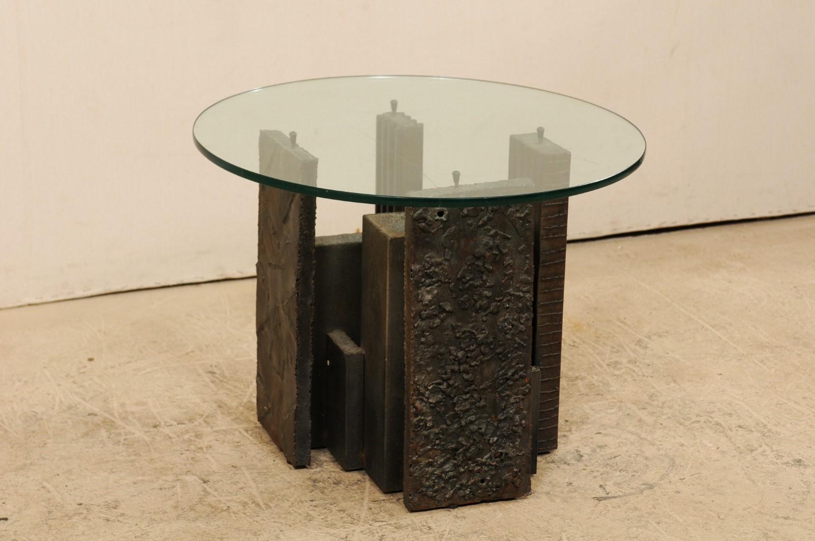 Bronzed Artist Paul Evans Sculpted Brutalist Metal Side Table with Glass Top