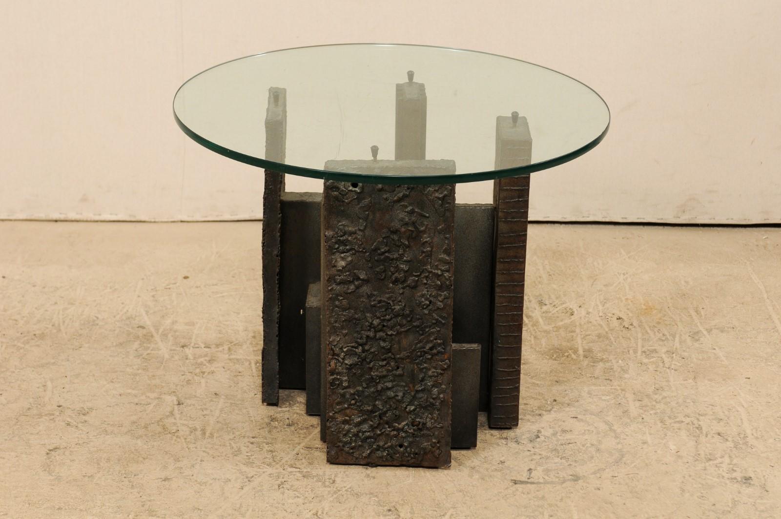 Artist Paul Evans Sculpted Brutalist Metal Side Table with Glass Top In Good Condition In Atlanta, GA