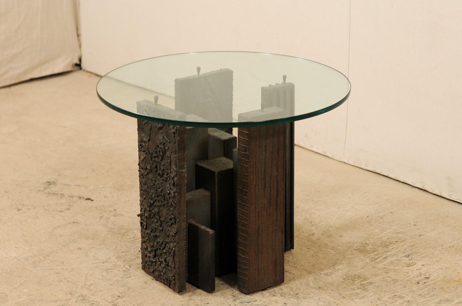 20th Century Artist Paul Evans Sculpted Brutalist Metal Side Table with Glass Top
