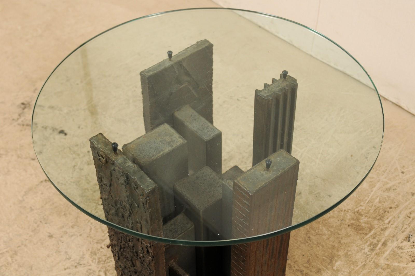 Artist Paul Evans Sculpted Brutalist Metal Side Table with Glass Top 2